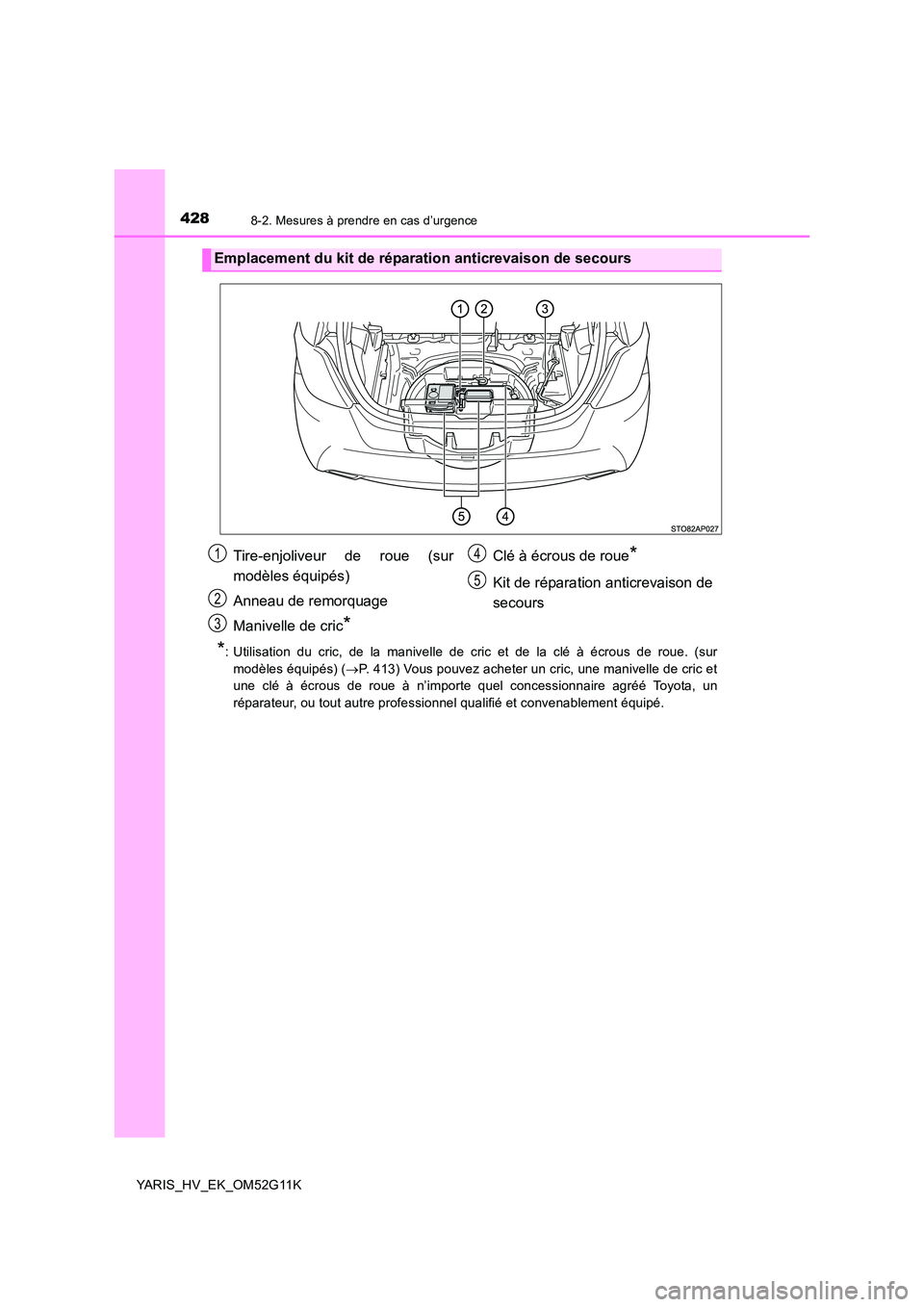 TOYOTA YARIS HYBRID 2016 Manuel du propriétaire (in French) 4288-2. Mesures à prendre en cas d’urgence
YARIS_HV_EK_OM52G11K
*: Utilisation du cric, de la manivelle de cric et de la clé à écrous de roue. (sur
modèles équipés) ( P. 413) Vous pouvez TOYOTA YARIS HYBRID 2016 Manuel du propriétaire (in French) 4288-2. Mesures à prendre en cas d’urgence
YARIS_HV_EK_OM52G11K
*: Utilisation du cric, de la manivelle de cric et de la clé à écrous de roue. (sur
modèles équipés) ( P. 413) Vous pouvez