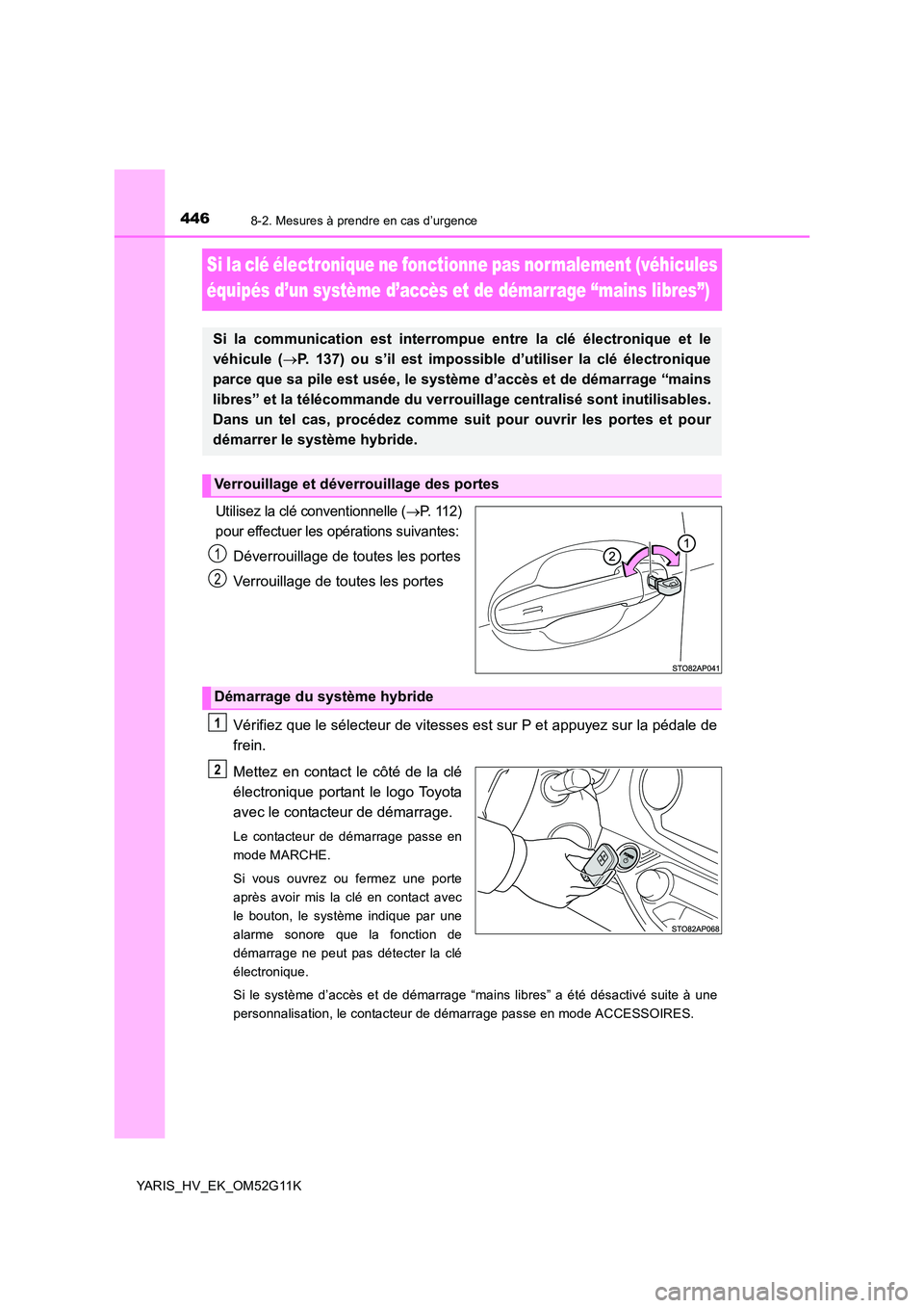 TOYOTA YARIS HYBRID 2016 Manuel du propriétaire (in French) 4468-2. Mesures à prendre en cas d’urgence
YARIS_HV_EK_OM52G11K
Si la clé électronique ne fonctionne pas normalement (véhicules
équipés d’un système d’accès et de démarrage “mains l TOYOTA YARIS HYBRID 2016 Manuel du propriétaire (in French) 4468-2. Mesures à prendre en cas d’urgence
YARIS_HV_EK_OM52G11K
Si la clé électronique ne fonctionne pas normalement (véhicules
équipés d’un système d’accès et de démarrage “mains l