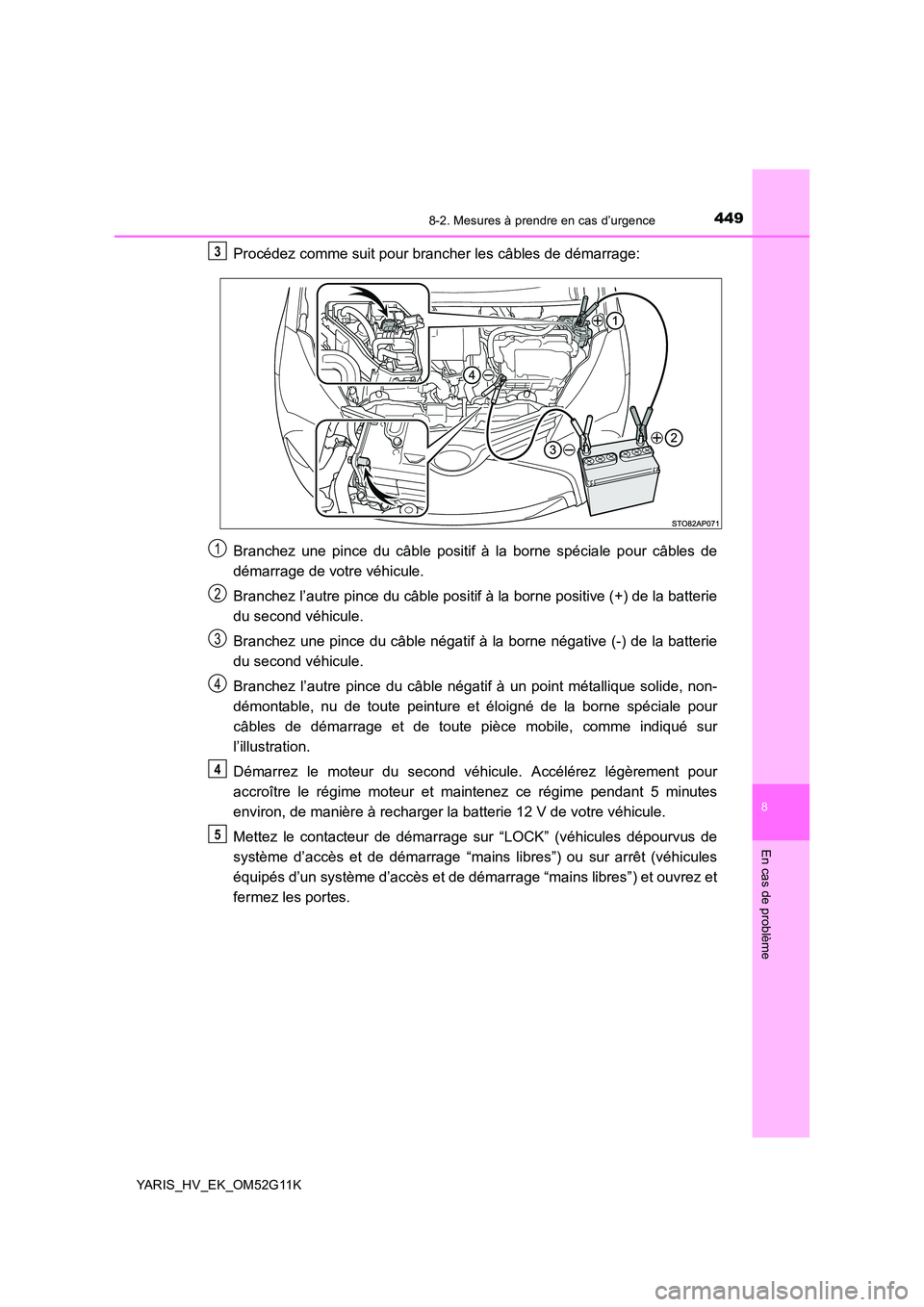 TOYOTA YARIS HYBRID 2016 Manuel du propriétaire (in French) 4498-2. Mesures à prendre en cas d’urgence
8
En cas de problème
YARIS_HV_EK_OM52G11K
Procédez comme suit pour brancher les câbles de démarrage:
Branchez une pince du câble positif à la borne TOYOTA YARIS HYBRID 2016 Manuel du propriétaire (in French) 4498-2. Mesures à prendre en cas d’urgence
8
En cas de problème
YARIS_HV_EK_OM52G11K
Procédez comme suit pour brancher les câbles de démarrage:
Branchez une pince du câble positif à la borne