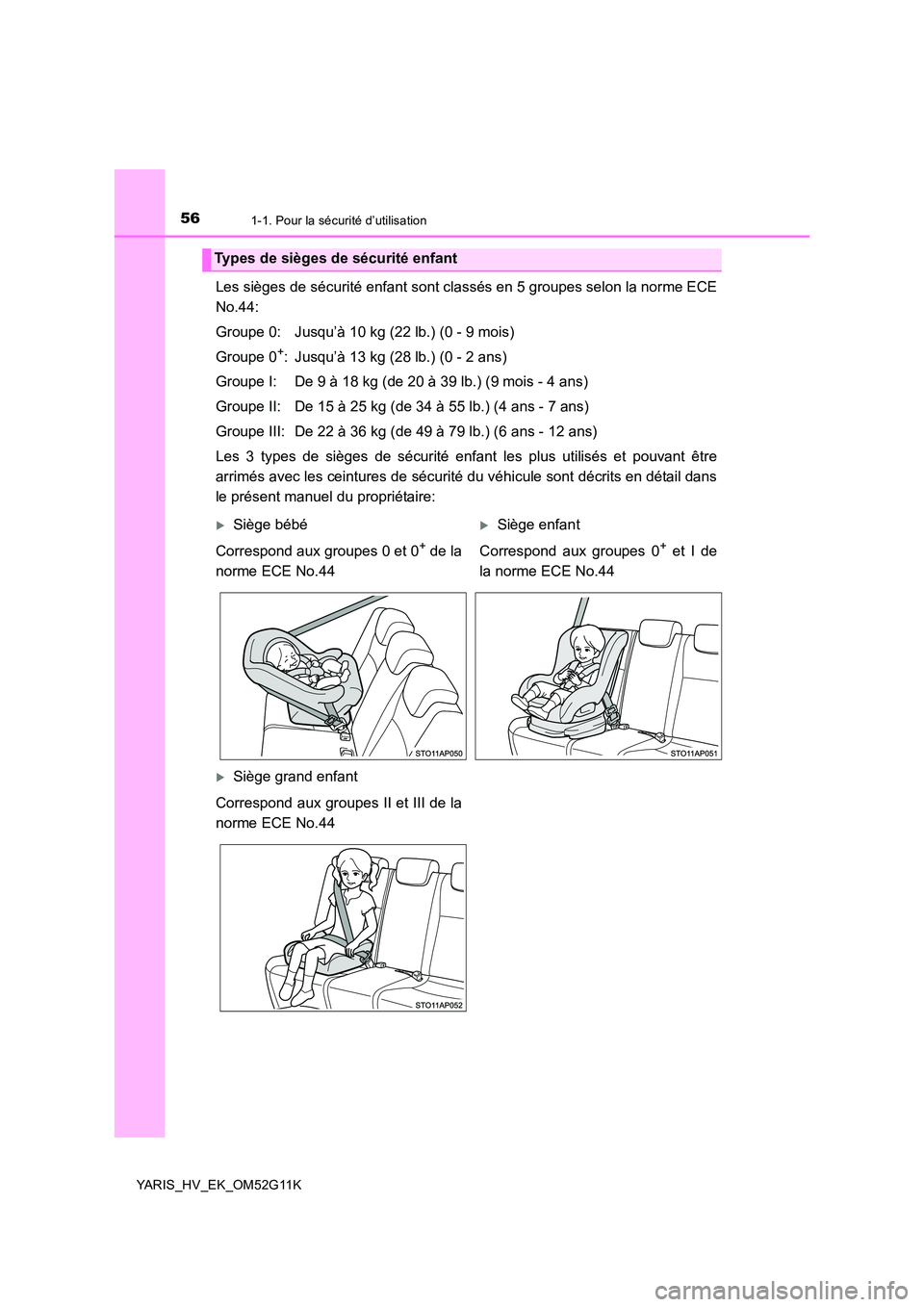 TOYOTA YARIS HYBRID 2016  Manuel du propriétaire (in French) 561-1. Pour la sécurité d’utilisation
YARIS_HV_EK_OM52G11K
Les sièges de sécurité enfant sont classés en 5 groupes selon la norme ECE 
No.44: 
Groupe 0: Jusqu’à 10 kg (22 lb.) (0 - 9 mois) 