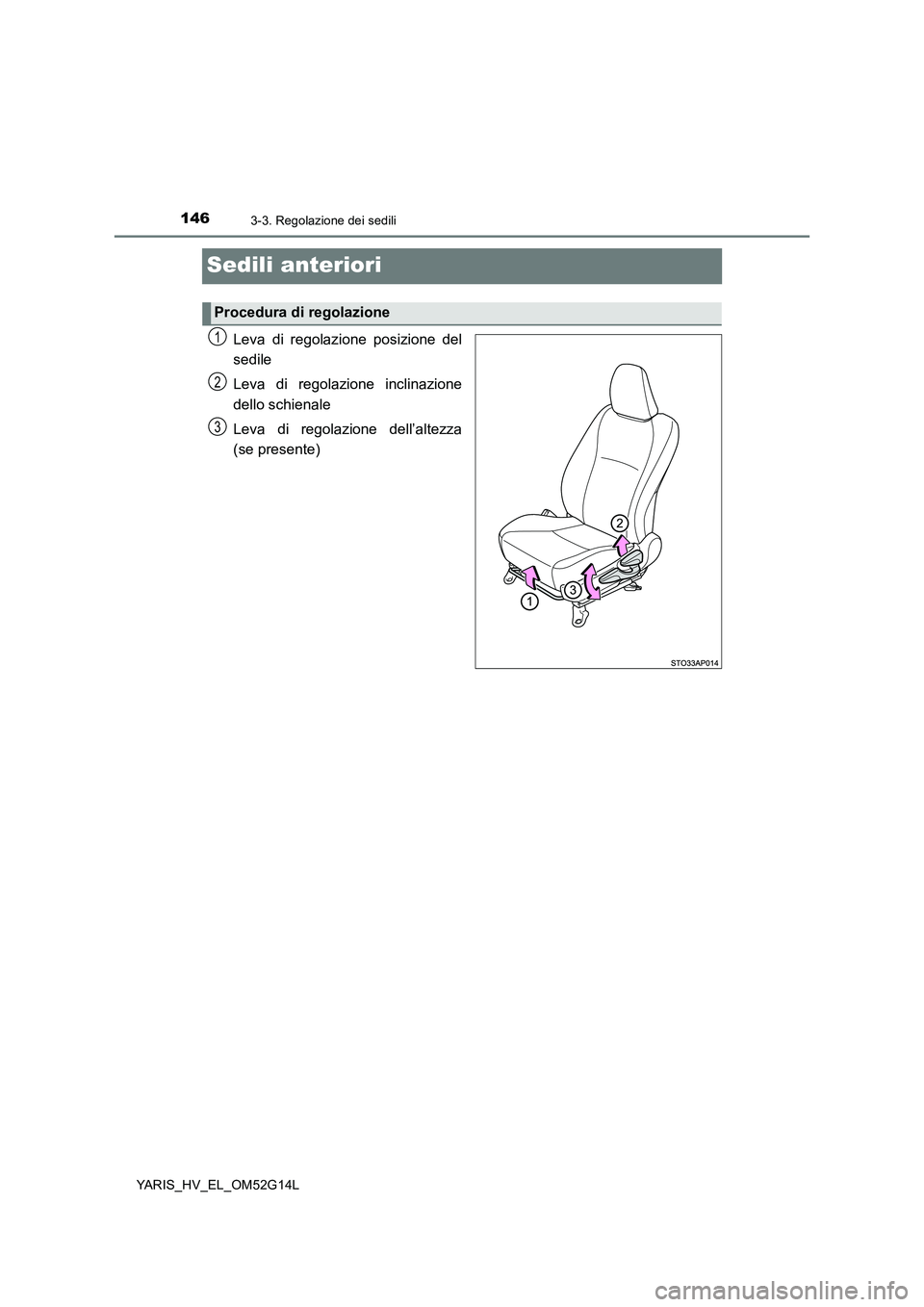 TOYOTA YARIS HYBRID 2016  Manuale duso (in Italian) 1463-3. Regolazione dei sedili
YARIS_HV_EL_OM52G14L
Sedili anteriori
Leva di regolazione posizione del 
sedile 
Leva di regolazione inclinazione 
dello schienale 
Leva di regolazione dell’altezza 
(