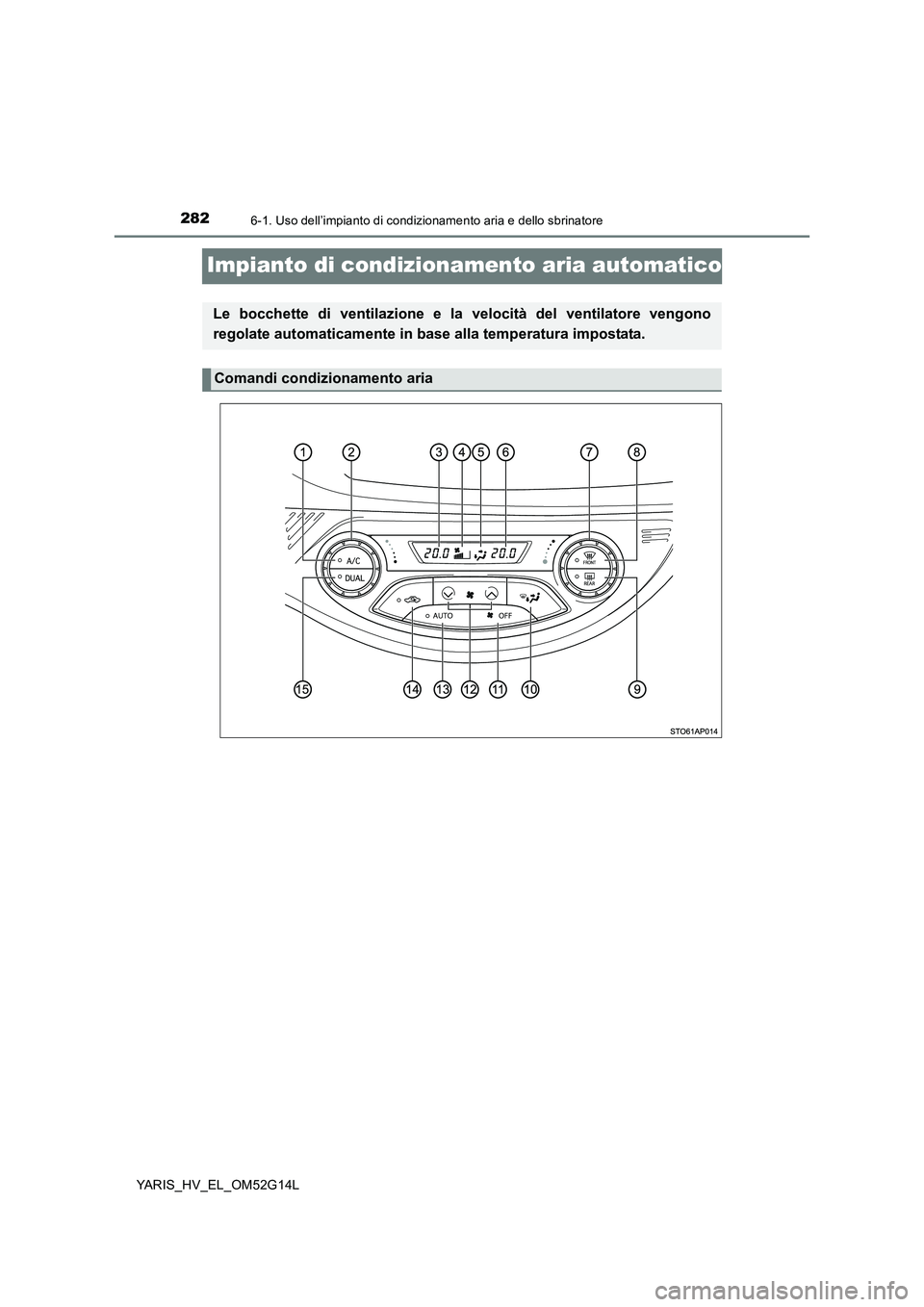TOYOTA YARIS HYBRID 2016  Manuale duso (in Italian) 2826-1. Uso dell’impianto di condizionamento aria e dello sbrinatore
YARIS_HV_EL_OM52G14L
Impianto di condizionamento aria automatico
Le bocchette di ventilazione e la velocità del ventilatore veng