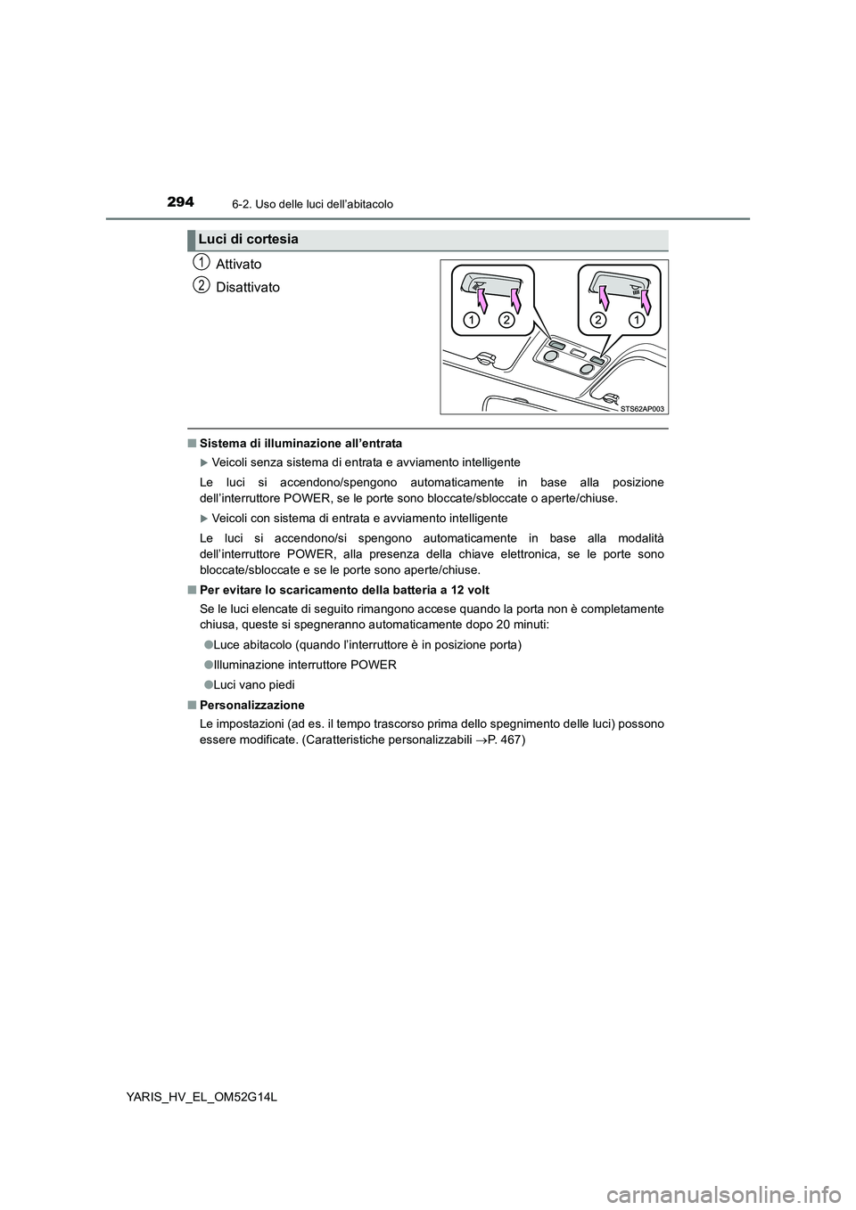 TOYOTA YARIS HYBRID 2016 Manuale duso (in Italian) 2946-2. Uso delle luci dell’abitacolo
YARIS_HV_EL_OM52G14L
Attivato
Disattivato
■ Sistema di illuminazione all’entrata
Veicoli senza sistema di entrata e avviamento intelligente
Le luci si TOYOTA YARIS HYBRID 2016 Manuale duso (in Italian) 2946-2. Uso delle luci dell’abitacolo
YARIS_HV_EL_OM52G14L
Attivato
Disattivato
■ Sistema di illuminazione all’entrata
Veicoli senza sistema di entrata e avviamento intelligente
Le luci si