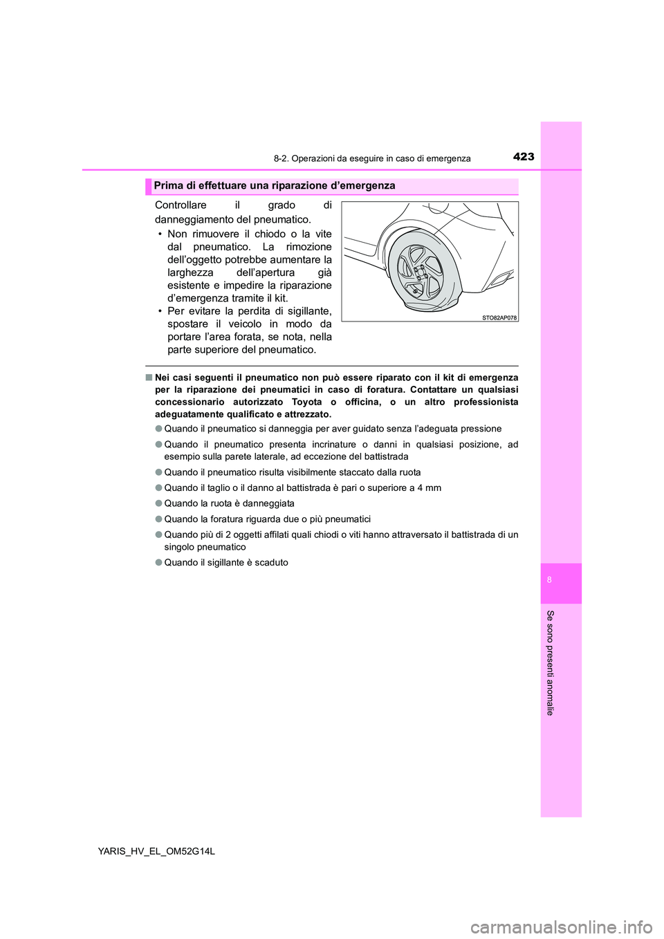 TOYOTA YARIS HYBRID 2016 Manuale duso (in Italian) 4238-2. Operazioni da eseguire in caso di emergenza
8
Se sono presenti anomalie
YARIS_HV_EL_OM52G14L
Controllare il grado di
danneggiamento del pneumatico.
• Non rimuovere il chiodo o la vite
dal TOYOTA YARIS HYBRID 2016 Manuale duso (in Italian) 4238-2. Operazioni da eseguire in caso di emergenza
8
Se sono presenti anomalie
YARIS_HV_EL_OM52G14L
Controllare il grado di
danneggiamento del pneumatico.
• Non rimuovere il chiodo o la vite
dal