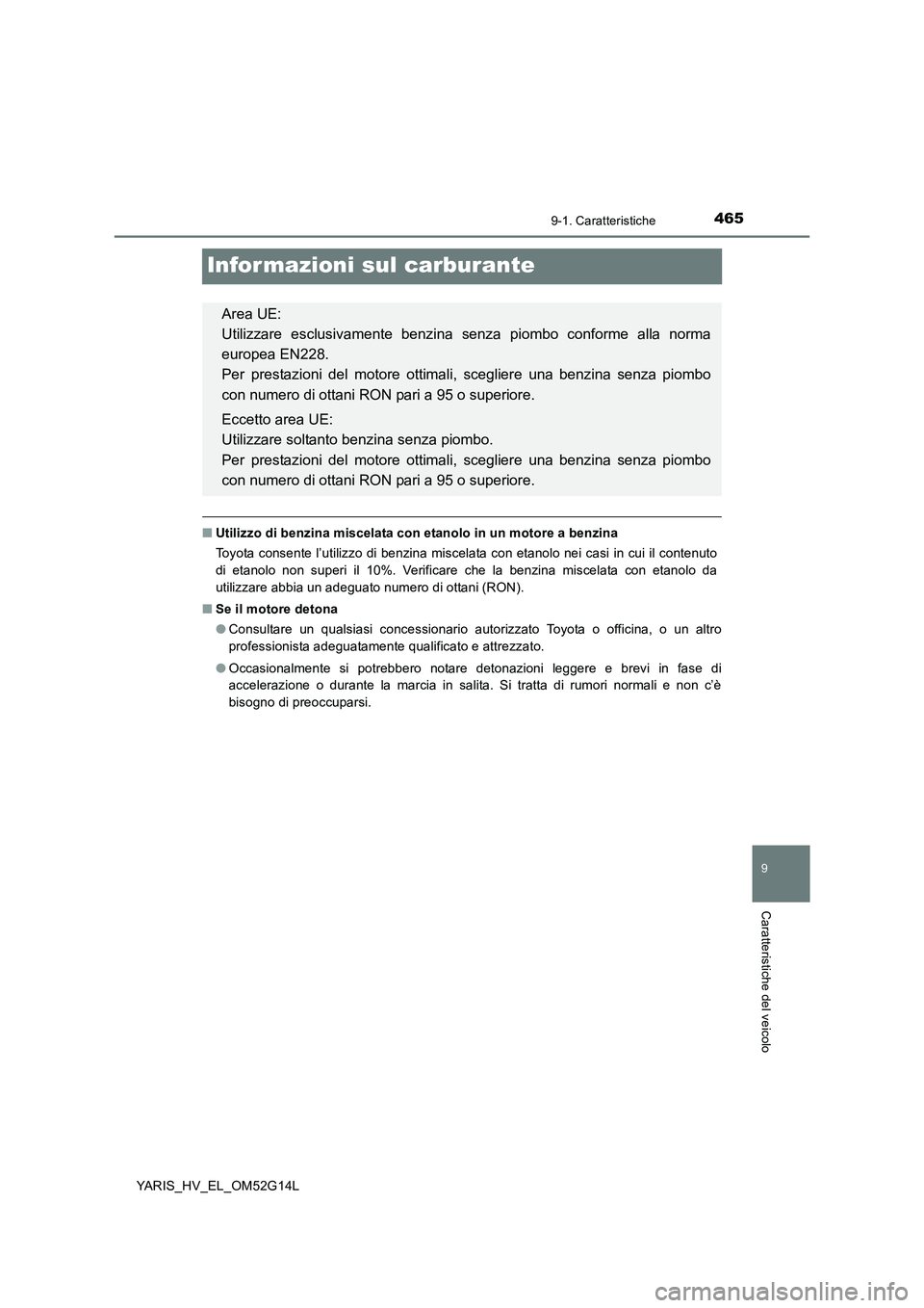 TOYOTA YARIS HYBRID 2016  Manuale duso (in Italian) 4659-1. Caratteristiche
9
Caratteristiche del veicolo
YARIS_HV_EL_OM52G14L
Infor mazioni sul carburante
■Utilizzo di benzina miscelata con etanolo in un motore a benzina 
Toyota consente l’utilizz
