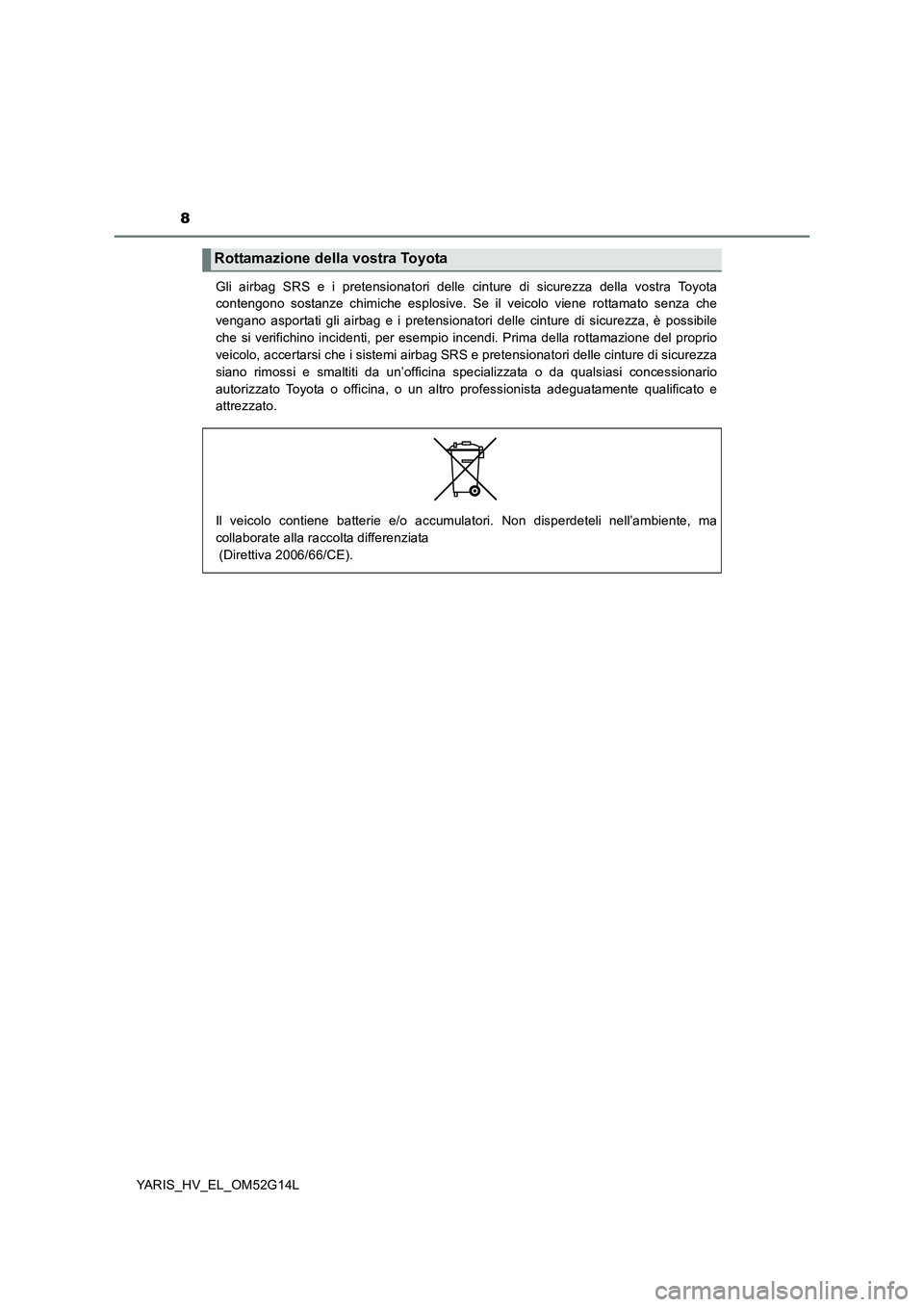 TOYOTA YARIS HYBRID 2016 Manuale duso (in Italian) 8
YARIS_HV_EL_OM52G14L
Gli airbag SRS e i pretensionatori delle cinture di sicurezza della vostra Toyota
contengono sostanze chimiche esplosive. Se il veicolo viene rottamato senza che
vengano aspo TOYOTA YARIS HYBRID 2016 Manuale duso (in Italian) 8
YARIS_HV_EL_OM52G14L
Gli airbag SRS e i pretensionatori delle cinture di sicurezza della vostra Toyota
contengono sostanze chimiche esplosive. Se il veicolo viene rottamato senza che
vengano aspo