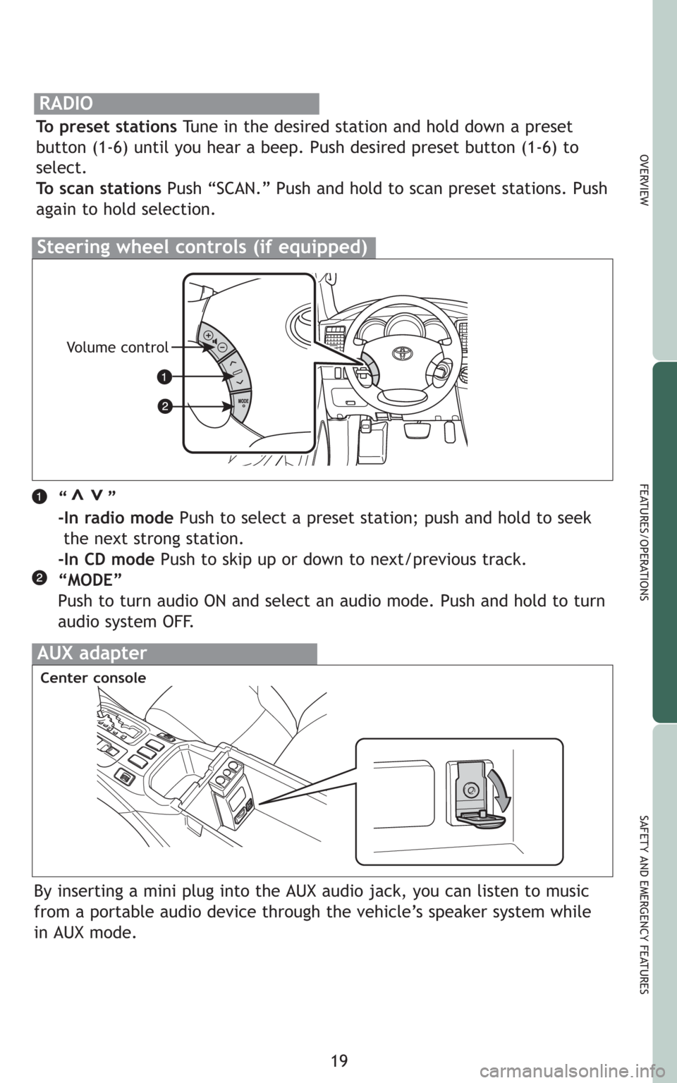 TOYOTA 4RUNNER 2009 N280 / 5.G Quick Reference Guide 19
OVERVIEW
FEATURES/OPERATIONS
SAFETY AND EMERGENCY FEATURES
“ ”
-In radio modePush to select a preset station; push and hold to seek
the next strong station.
-In CD modePush to skip up or TOYOTA 4RUNNER 2009 N280 / 5.G Quick Reference Guide 19
OVERVIEW
FEATURES/OPERATIONS
SAFETY AND EMERGENCY FEATURES
“ ”
-In radio modePush to select a preset station; push and hold to seek
the next strong station.
-In CD modePush to skip up or