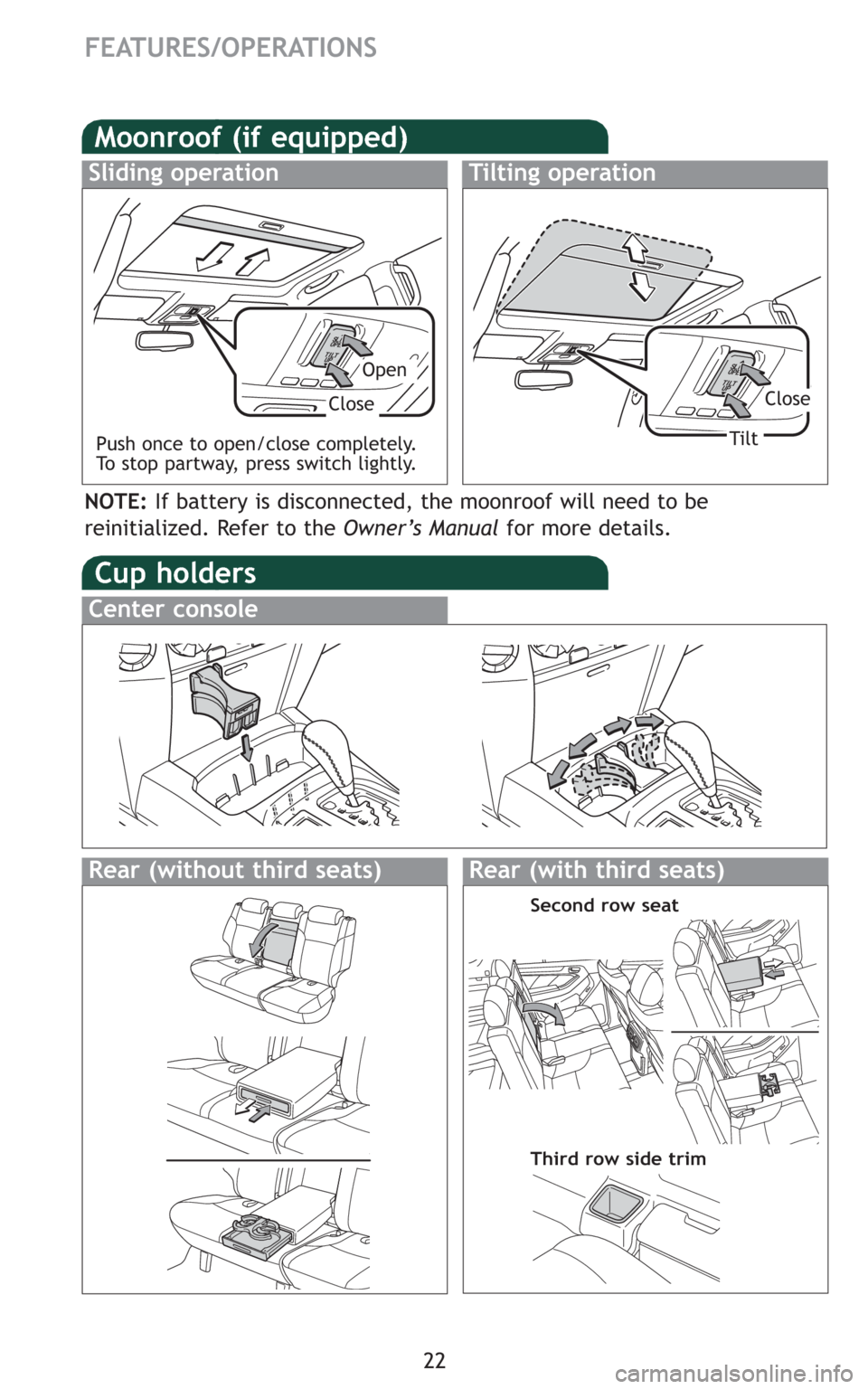 TOYOTA 4RUNNER 2009 N280 / 5.G Quick Reference Guide 22
Moonroof (if equipped)
NOTE:If battery is disconnected, the moonroof will need to be
reinitialized. Refer to the Owner’s Manualfor more details.
Cup holders
Center console
Rear (with third seats) TOYOTA 4RUNNER 2009 N280 / 5.G Quick Reference Guide 22
Moonroof (if equipped)
NOTE:If battery is disconnected, the moonroof will need to be
reinitialized. Refer to the Owner’s Manualfor more details.
Cup holders
Center console
Rear (with third seats)