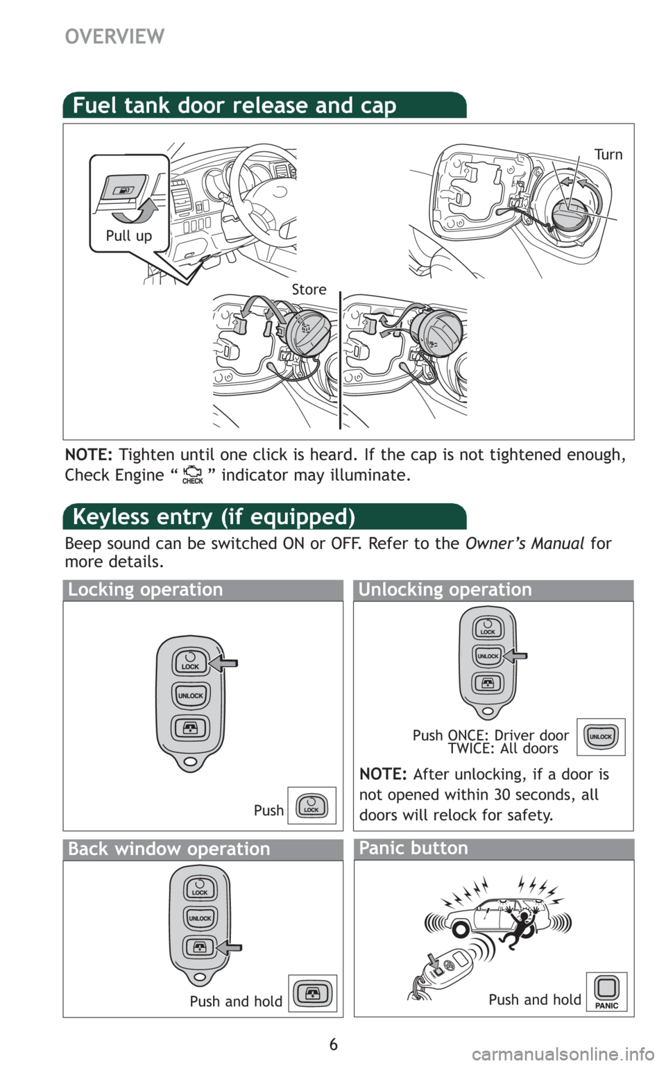 TOYOTA 4RUNNER 2009 N280 / 5.G Quick Reference Guide 6
OVERVIEW
NOTE:Tighten until one click is heard. If the cap is not tightened enough,
Check Engine “ ” indicator may illuminate.
Fuel tank door release and cap
Pull up
Tu r n
Store
NOTE:After unlo