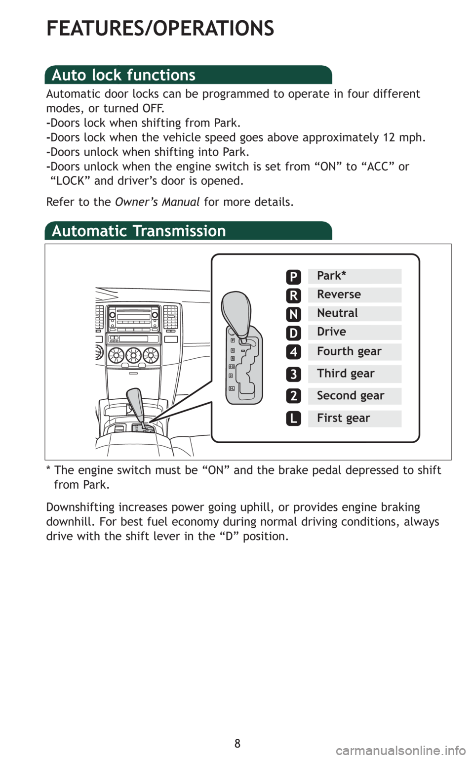 TOYOTA 4RUNNER 2009 N280 / 5.G Quick Reference Guide 8
FEATURES/OPERATIONS
Auto lock functions
Automatic door locks can be programmed to operate in four different
modes, or turned OFF.
-Doors lock when shifting from Park.
-Doors lock when the vehicle sp