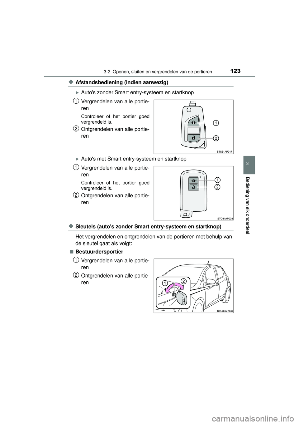 TOYOTA YARIS HYBRID 2016 Instructieboekje (in Dutch) 1233-2. Openen, sluiten en vergrendelen van de portieren
3
Bediening van elk onderdeel
YARIS_HV_OM_Europe_OM52G76E
◆Afstandsbediening (indien aanwezig)
Autos zonder Smart entry-systeem en startk TOYOTA YARIS HYBRID 2016 Instructieboekje (in Dutch) 1233-2. Openen, sluiten en vergrendelen van de portieren
3
Bediening van elk onderdeel
YARIS_HV_OM_Europe_OM52G76E
◆Afstandsbediening (indien aanwezig)
Autos zonder Smart entry-systeem en startk