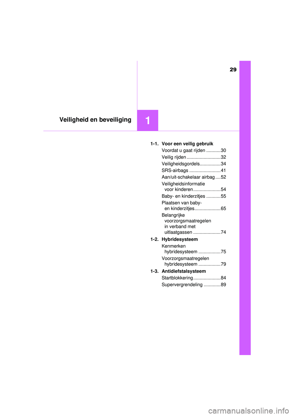 TOYOTA YARIS HYBRID 2016 Instructieboekje (in Dutch) 29
1Veiligheid en beveiliging
YARIS_HV_OM_Europe_OM52G76E1-1. Voor een veilig gebruik
Voordat u gaat rijden ........... 30
Veilig rijden .......................... 32
Veiligheidsgordels............... TOYOTA YARIS HYBRID 2016 Instructieboekje (in Dutch) 29
1Veiligheid en beveiliging
YARIS_HV_OM_Europe_OM52G76E1-1. Voor een veilig gebruik
Voordat u gaat rijden ........... 30
Veilig rijden .......................... 32
Veiligheidsgordels...............