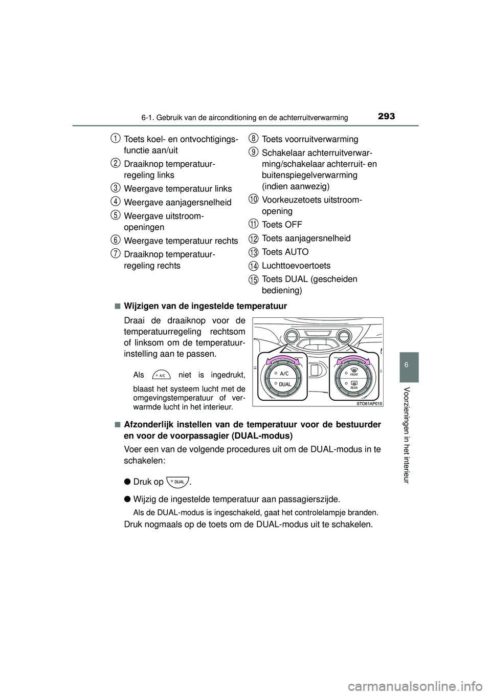 TOYOTA YARIS HYBRID 2016  Instructieboekje (in Dutch) 2936-1. Gebruik van de airconditioning en de achterruitverwarming
6
Voorzieningen in het interieur
YARIS_HV_OM_Europe_OM52G76E■
Wijzigen van de ingestelde temperatuur
Draai de draaiknop voor de
temp