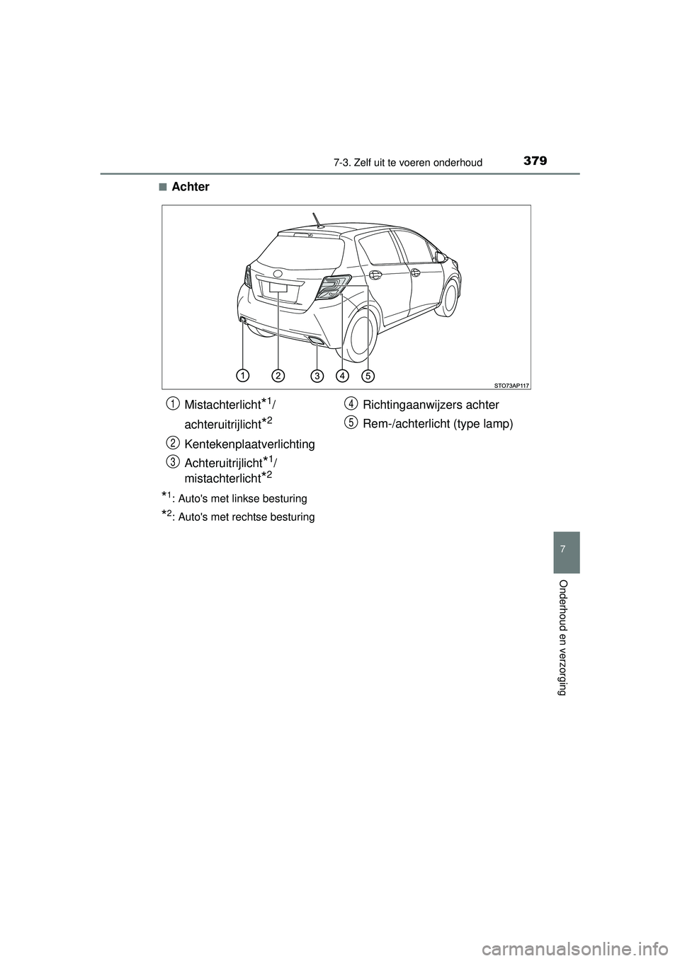 TOYOTA YARIS HYBRID 2016 Instructieboekje (in Dutch) 3797-3. Zelf uit te voeren onderhoud
7
Onderhoud en verzorging
YARIS_HV_OM_Europe_OM52G76E■
Achter
*1: Autos met linkse besturing
*2: Autos met rechtse besturing
Mistachterlicht*1/
achteruitrijlic TOYOTA YARIS HYBRID 2016 Instructieboekje (in Dutch) 3797-3. Zelf uit te voeren onderhoud
7
Onderhoud en verzorging
YARIS_HV_OM_Europe_OM52G76E■
Achter
*1: Autos met linkse besturing
*2: Autos met rechtse besturing
Mistachterlicht*1/
achteruitrijlic