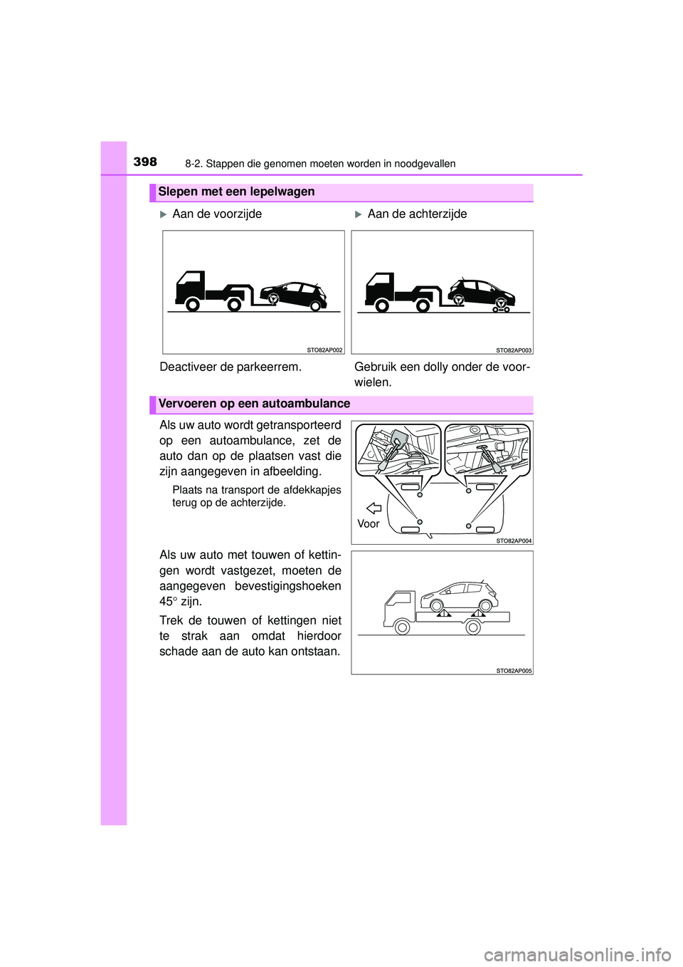 TOYOTA YARIS HYBRID 2016  Instructieboekje (in Dutch) 3988-2. Stappen die genomen moeten worden in noodgevallen
YARIS_HV_OM_Europe_OM52G76E
Als uw auto wordt getransporteerd
op een autoambulance, zet de
auto dan op de plaatsen vast die
zijn aangegeven in