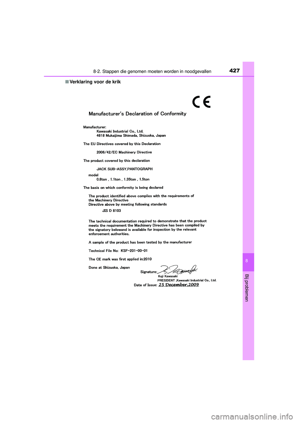 TOYOTA YARIS HYBRID 2016  Instructieboekje (in Dutch) 4278-2. Stappen die genomen moeten worden in noodgevallen
8
Bij problemen
YARIS_HV_OM_Europe_OM52G76E■
Verklaring voor de krik
YARIS_HV_OM_Europe_OM52G76E.book  Page  427  Friday, April 22, 2016  10