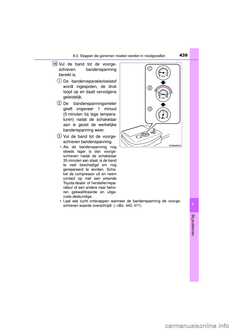 TOYOTA YARIS HYBRID 2016  Instructieboekje (in Dutch) 4398-2. Stappen die genomen moeten worden in noodgevallen
8
Bij problemen
YARIS_HV_OM_Europe_OM52G76E
Vul de band tot de voorge-
schreven bandenspanning
bereikt is.De bandenreparatievloeistof
wordt in