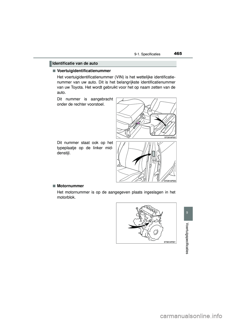 TOYOTA YARIS HYBRID 2016 Instructieboekje (in Dutch) 4659-1. Specificaties
9
Voertuigspecificaties
YARIS_HV_OM_Europe_OM52G76E■
Voertuigidentificatienummer
Het voertuigidentificatienummer (VIN
) is het wettelijke identificatie-
nummer van uw auto. Dit TOYOTA YARIS HYBRID 2016 Instructieboekje (in Dutch) 4659-1. Specificaties
9
Voertuigspecificaties
YARIS_HV_OM_Europe_OM52G76E■
Voertuigidentificatienummer
Het voertuigidentificatienummer (VIN
) is het wettelijke identificatie-
nummer van uw auto. Dit