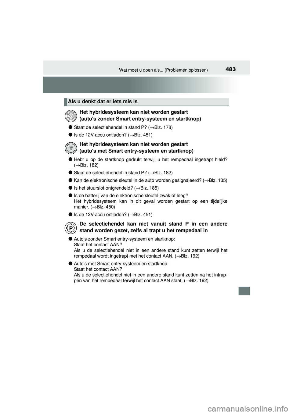 TOYOTA YARIS HYBRID 2016 Instructieboekje (in Dutch) 483Wat moet u doen als... (Problemen oplossen)
YARIS_HV_OM_Europe_OM52G76E
●Staat de selectiehendel in stand P? (→Blz. 178)
●Is de 12V-accu ontladen? (→Blz. 451)
●Hebt u op de startknop gedr TOYOTA YARIS HYBRID 2016 Instructieboekje (in Dutch) 483Wat moet u doen als... (Problemen oplossen)
YARIS_HV_OM_Europe_OM52G76E
●Staat de selectiehendel in stand P? (→Blz. 178)
●Is de 12V-accu ontladen? (→Blz. 451)
●Hebt u op de startknop gedr
