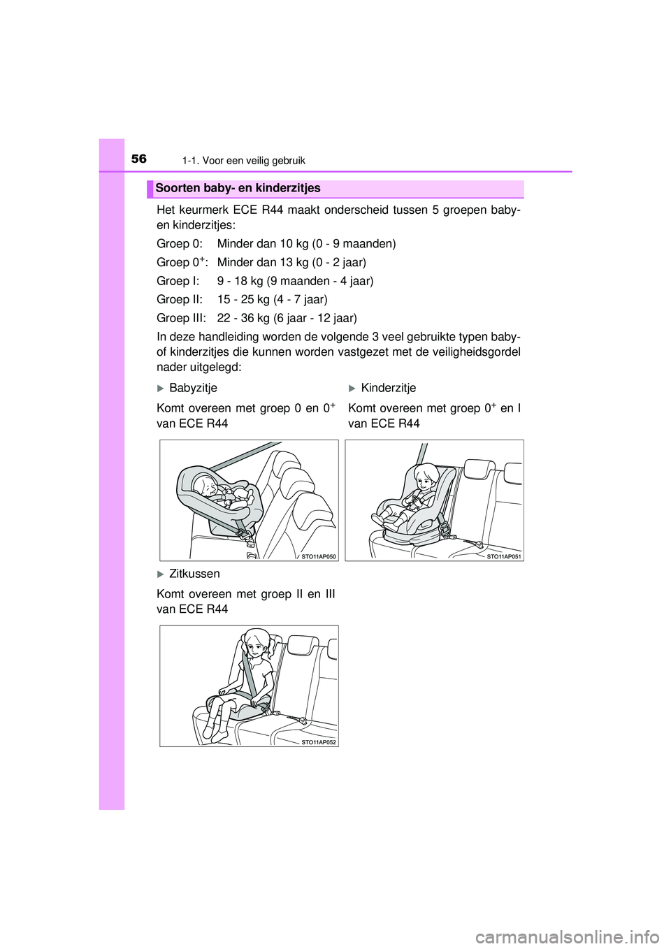 TOYOTA YARIS HYBRID 2016 Instructieboekje (in Dutch) 561-1. Voor een veilig gebruik
YARIS_HV_OM_Europe_OM52G76E
Het keurmerk ECE R44 maakt onderscheid tussen 5 groepen baby-
en kinderzitjes:
Groep 0: Minder dan 10 kg (0 - 9 maanden)
Groep 0
+: Minder da TOYOTA YARIS HYBRID 2016 Instructieboekje (in Dutch) 561-1. Voor een veilig gebruik
YARIS_HV_OM_Europe_OM52G76E
Het keurmerk ECE R44 maakt onderscheid tussen 5 groepen baby-
en kinderzitjes:
Groep 0: Minder dan 10 kg (0 - 9 maanden)
Groep 0
+: Minder da