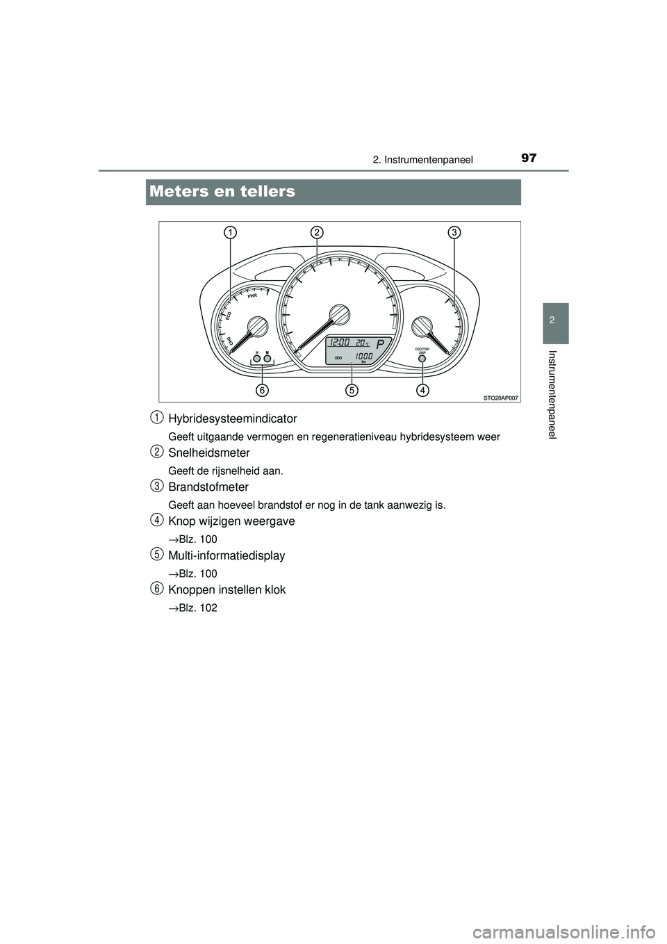 TOYOTA YARIS HYBRID 2016 Instructieboekje (in Dutch) 97
2
2. Instrumentenpaneel
Instrumentenpaneel
YARIS_HV_OM_Europe_OM52G76E
Meters en tellers
Hybridesysteemindicator
Geeft uitgaande vermogen en regeneratieniveau hybridesysteem weer
Snelheidsmeter
Gee TOYOTA YARIS HYBRID 2016 Instructieboekje (in Dutch) 97
2
2. Instrumentenpaneel
Instrumentenpaneel
YARIS_HV_OM_Europe_OM52G76E
Meters en tellers
Hybridesysteemindicator
Geeft uitgaande vermogen en regeneratieniveau hybridesysteem weer
Snelheidsmeter
Gee