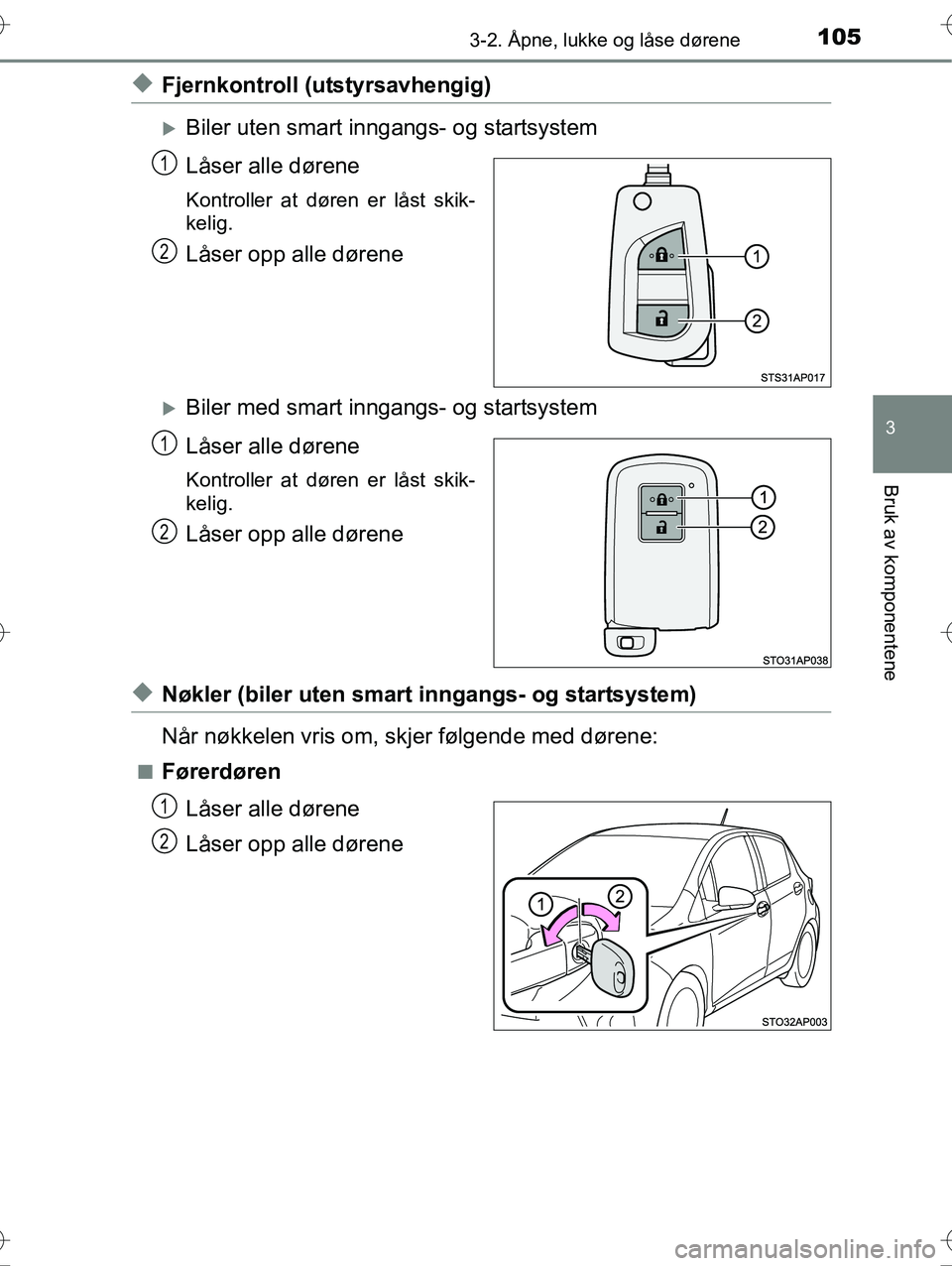 TOYOTA YARIS HYBRID 2016  Instruksjoner for bruk (in Norwegian) 1053-2. Åpne, lukke og låse dørene
3
Bruk av komponentene
OM52G10NO
uFjernkontroll (utstyrsavhengig)
Biler uten smart inngangs- og startsystem
Låser alle dørene
Kontroller at døren er låst s