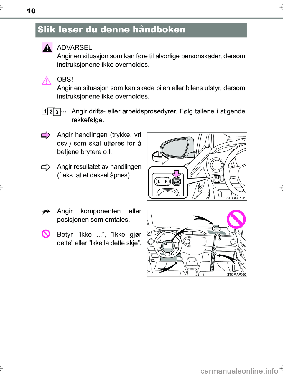 TOYOTA YARIS HYBRID 2016  Instruksjoner for bruk (in Norwegian) 10
OM52G10NO
Slik leser du denne håndboken
ADVARSEL: 
Angir en situasjon som kan føre til alvorlige personskader, dersom
instruksjonene ikke overholdes.
OBS! 
Angir en situasjon som kan skade bilen 