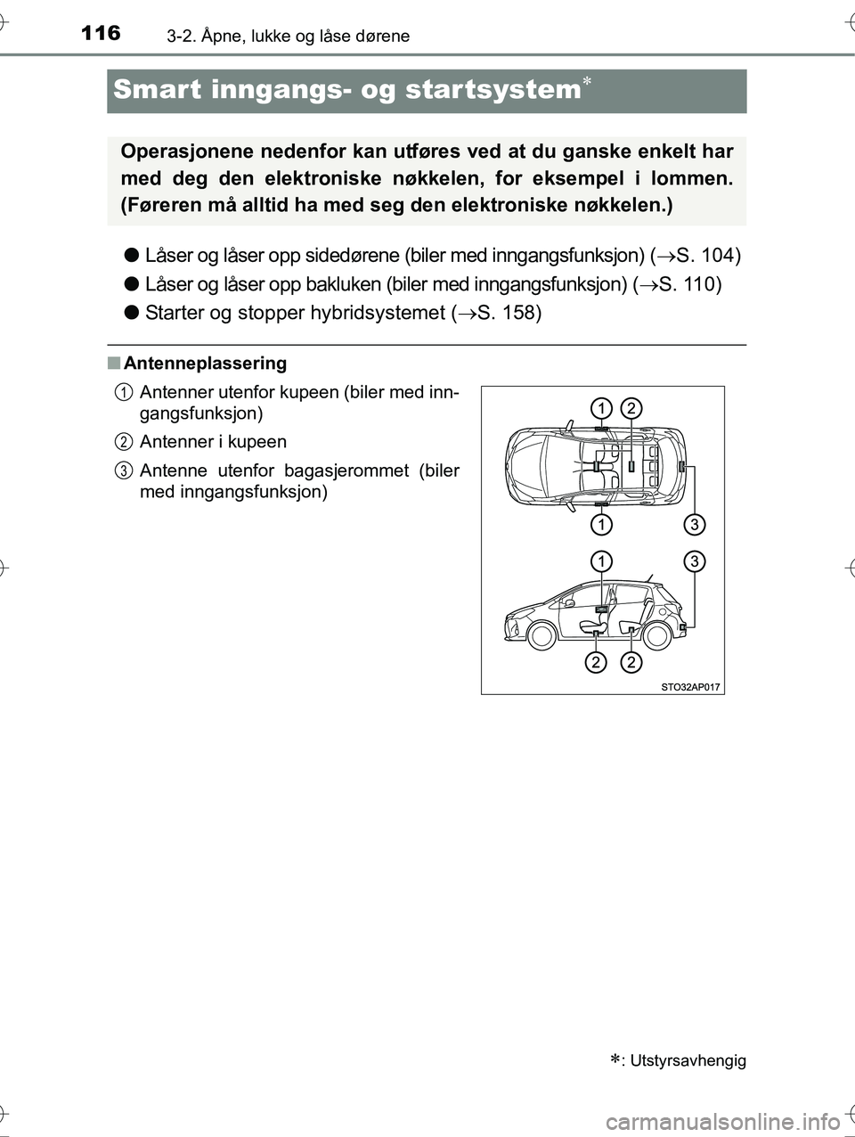 TOYOTA YARIS HYBRID 2016  Instruksjoner for bruk (in Norwegian) 1163-2. Åpne, lukke og låse dørene
OM52G10NO
Smart inngangs- og star tsystem
lLåser og låser opp sidedørene (biler med inngangsfunksjon) ( S. 104)
l Låser og låser opp bakluken (biler me