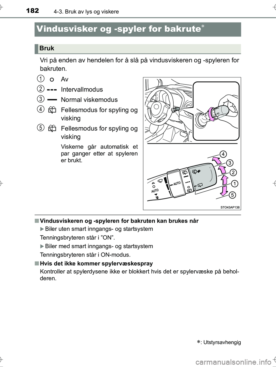 TOYOTA YARIS HYBRID 2016 Instruksjoner for bruk (in Norwegian) 1824-3. Bruk av lys og viskere
OM52G10NO
Vindusvisker og -spyler for bakrute
Vri på enden av hendelen for å slå på vindusviskeren og -spyleren for
bakruten.
Av
Intervallmodus
Normal viskemodus
TOYOTA YARIS HYBRID 2016 Instruksjoner for bruk (in Norwegian) 1824-3. Bruk av lys og viskere
OM52G10NO
Vindusvisker og -spyler for bakrute
Vri på enden av hendelen for å slå på vindusviskeren og -spyleren for
bakruten.
Av
Intervallmodus
Normal viskemodus