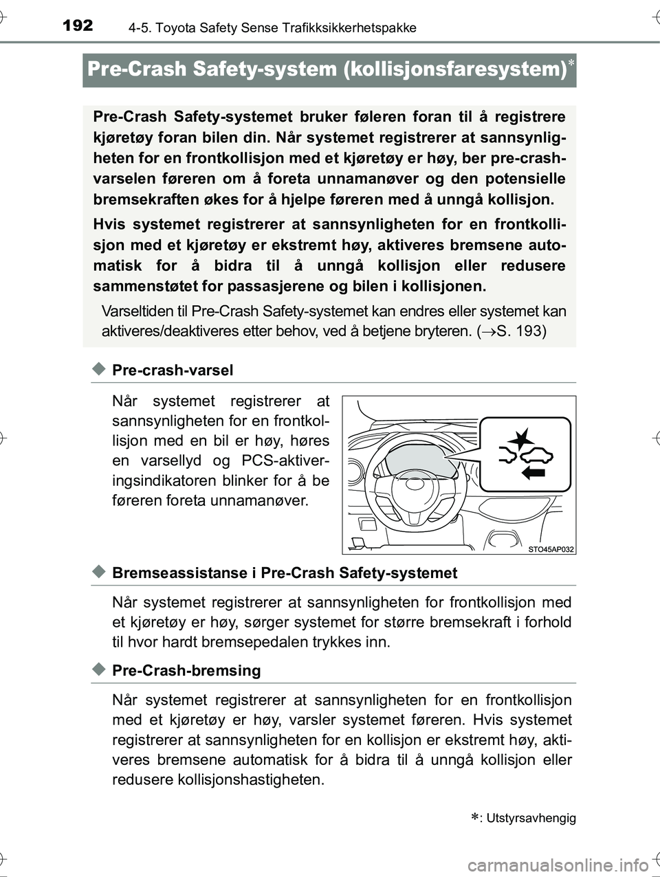 TOYOTA YARIS HYBRID 2016 Instruksjoner for bruk (in Norwegian) 1924-5. Toyota Safety Sense Trafikksikkerhetspakke
OM52G10NO
Pre-Crash Safety-system (kollisjonsfaresystem)
uPre-crash-varsel
Når systemet registrerer at
sannsynligheten for en frontkol-
lisjon me TOYOTA YARIS HYBRID 2016 Instruksjoner for bruk (in Norwegian) 1924-5. Toyota Safety Sense Trafikksikkerhetspakke
OM52G10NO
Pre-Crash Safety-system (kollisjonsfaresystem)
uPre-crash-varsel
Når systemet registrerer at
sannsynligheten for en frontkol-
lisjon me