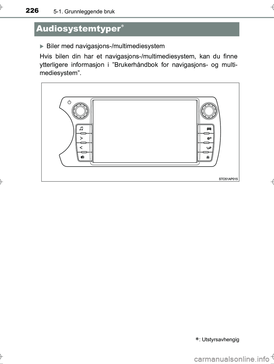 TOYOTA YARIS HYBRID 2015  Instruksjoner for bruk (in Norwegian) 2265-1. Grunnleggende bruk
OM52G10NO
Audiosystemtyper
Biler med navigasjons-/multimediesystem
Hvis bilen din har et navigasjons -/multimediesystem, kan du finne
ytterligere informasjon i ”Bruk
