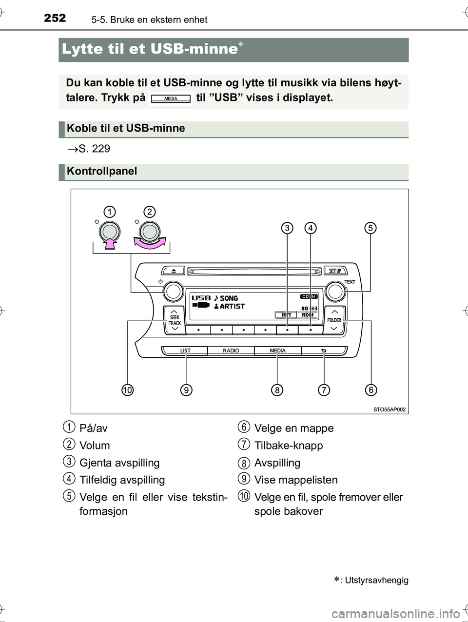 TOYOTA YARIS HYBRID 2016 Instruksjoner for bruk (in Norwegian) 2525-5. Bruke en ekstern enhet
OM52G10NO
Lytte til et USB-minne
S. 229
: Utstyrsavhengig
Du kan koble til et USB-minne og lytte til musikk via bilens høyt-
talere. Trykk på til ”USB” TOYOTA YARIS HYBRID 2016 Instruksjoner for bruk (in Norwegian) 2525-5. Bruke en ekstern enhet
OM52G10NO
Lytte til et USB-minne
S. 229
: Utstyrsavhengig
Du kan koble til et USB-minne og lytte til musikk via bilens høyt-
talere. Trykk på til ”USB”