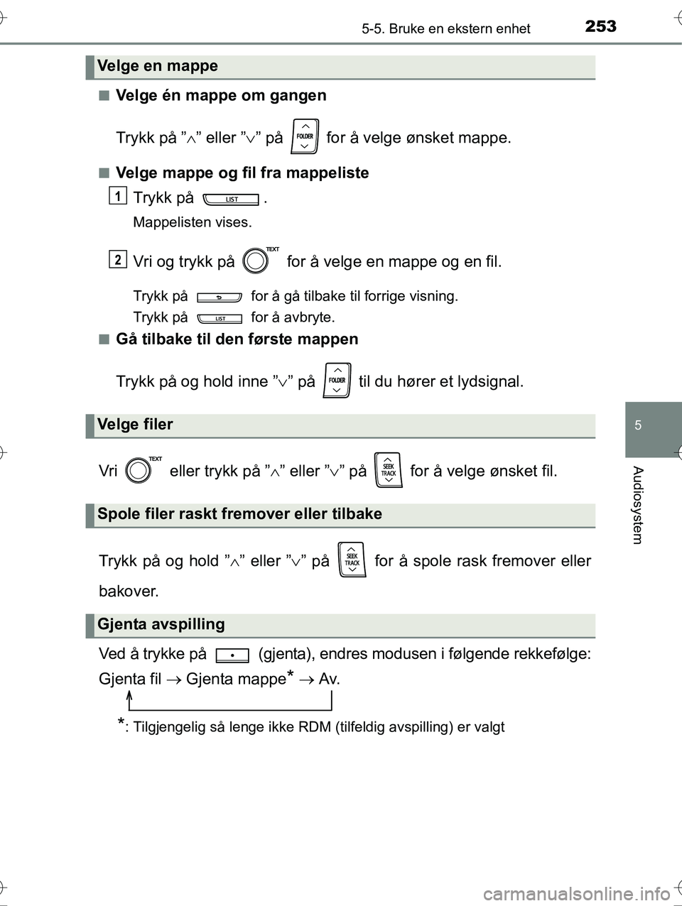 TOYOTA YARIS HYBRID 2016 Instruksjoner for bruk (in Norwegian) 2535-5. Bruke en ekstern enhet
5
Audiosystem
OM52G10NOn
Velge én mappe om gangen
Trykk på ”
” eller ” ” på for å velge ønsket mappe.
nVelge mappe og fil fra mappeliste
Trykk på TOYOTA YARIS HYBRID 2016 Instruksjoner for bruk (in Norwegian) 2535-5. Bruke en ekstern enhet
5
Audiosystem
OM52G10NOn
Velge én mappe om gangen
Trykk på ”
” eller ” ” på for å velge ønsket mappe.
nVelge mappe og fil fra mappeliste
Trykk på