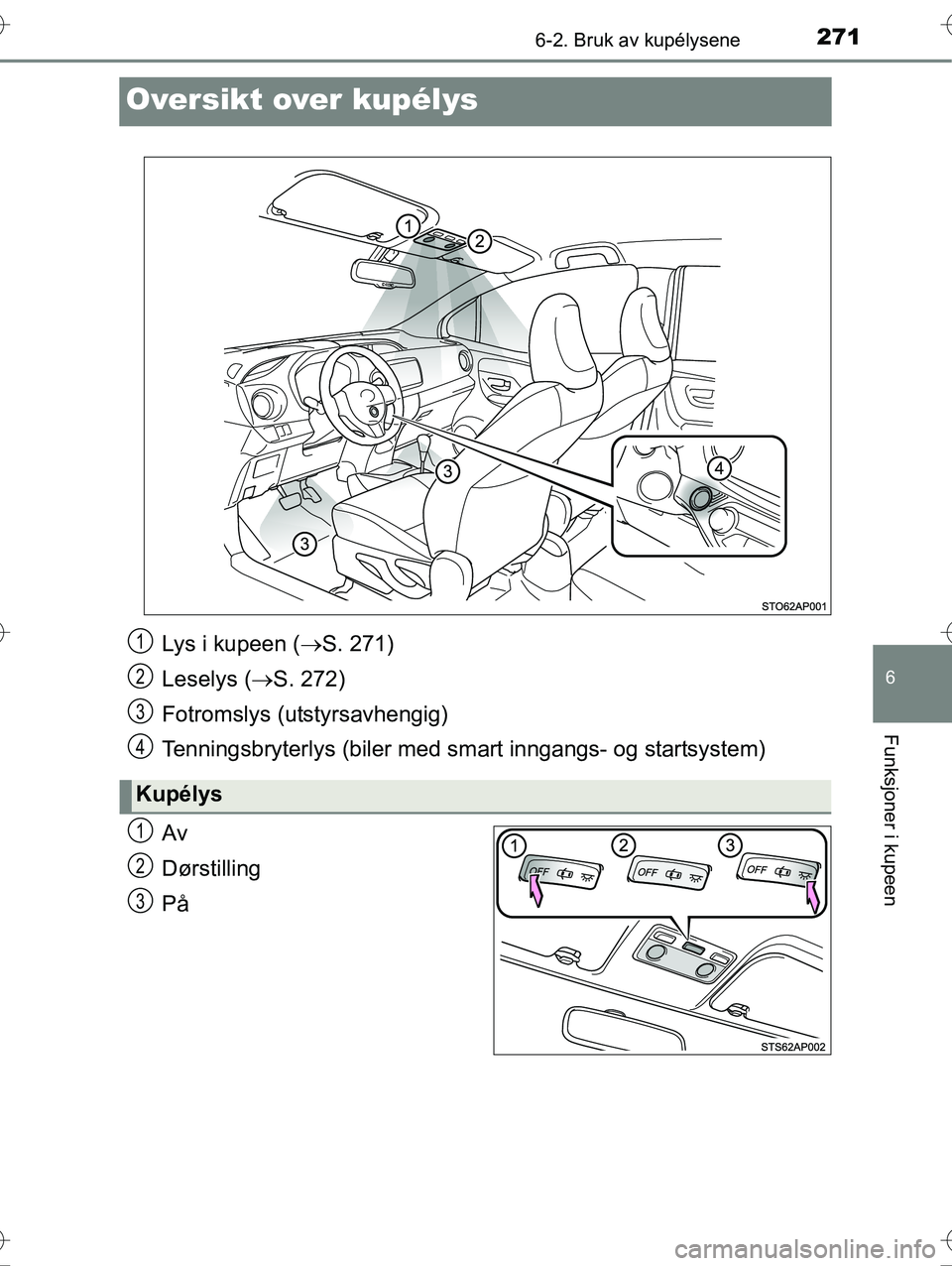 TOYOTA YARIS HYBRID 2016  Instruksjoner for bruk (in Norwegian) 2716-2. Bruk av kupélysene
6
Funksjoner i kupeen
OM52G10NO
Oversikt over kupélys
Av
Dørstilling
På
Lys i kupeen (S. 271)
Leselys ( S. 272)
Fotromslys (utstyrsavhengig)
Tenningsbryterlys (bil