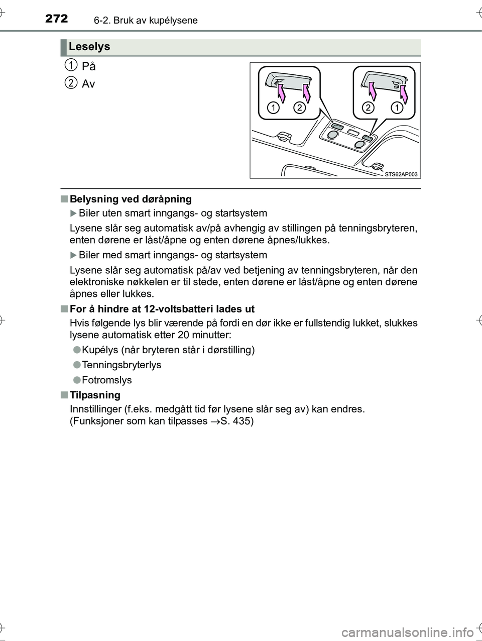 TOYOTA YARIS HYBRID 2016  Instruksjoner for bruk (in Norwegian) 2726-2. Bruk av kupélysene
OM52G10NO
På
Av
nBelysning ved døråpning
Biler uten smart inngangs- og startsystem
Lysene slår seg automatisk av/på avhengig av stillingen på tenningsbryteren,
ent