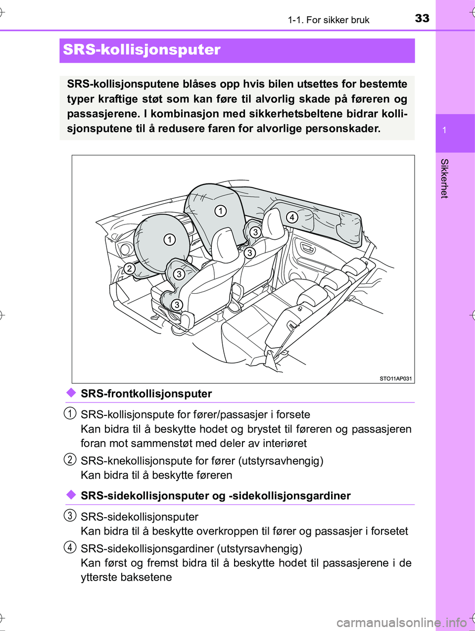 TOYOTA YARIS HYBRID 2016 Instruksjoner for bruk (in Norwegian) 331-1. For sikker bruk
1
Sikkerhet
OM52G10NO
SRS-kollisjonsputer
uSRS-frontkollisjonsputer
SRS-kollisjonspute for fører/passasjer i forsete
Kan bidra til å beskytte hodet og brystet til føreren og TOYOTA YARIS HYBRID 2016 Instruksjoner for bruk (in Norwegian) 331-1. For sikker bruk
1
Sikkerhet
OM52G10NO
SRS-kollisjonsputer
uSRS-frontkollisjonsputer
SRS-kollisjonspute for fører/passasjer i forsete
Kan bidra til å beskytte hodet og brystet til føreren og