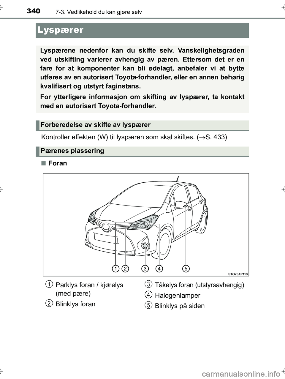 TOYOTA YARIS HYBRID 2016  Instruksjoner for bruk (in Norwegian) 3407-3. Vedlikehold du kan gjøre selv
OM52G10NO
Lyspærer
Kontroller effekten (W) til lyspæren som skal skiftes. ( S. 433)
nForan
Lyspærene nedenfor kan du skifte selv. Vanskelighetsgraden
ved u