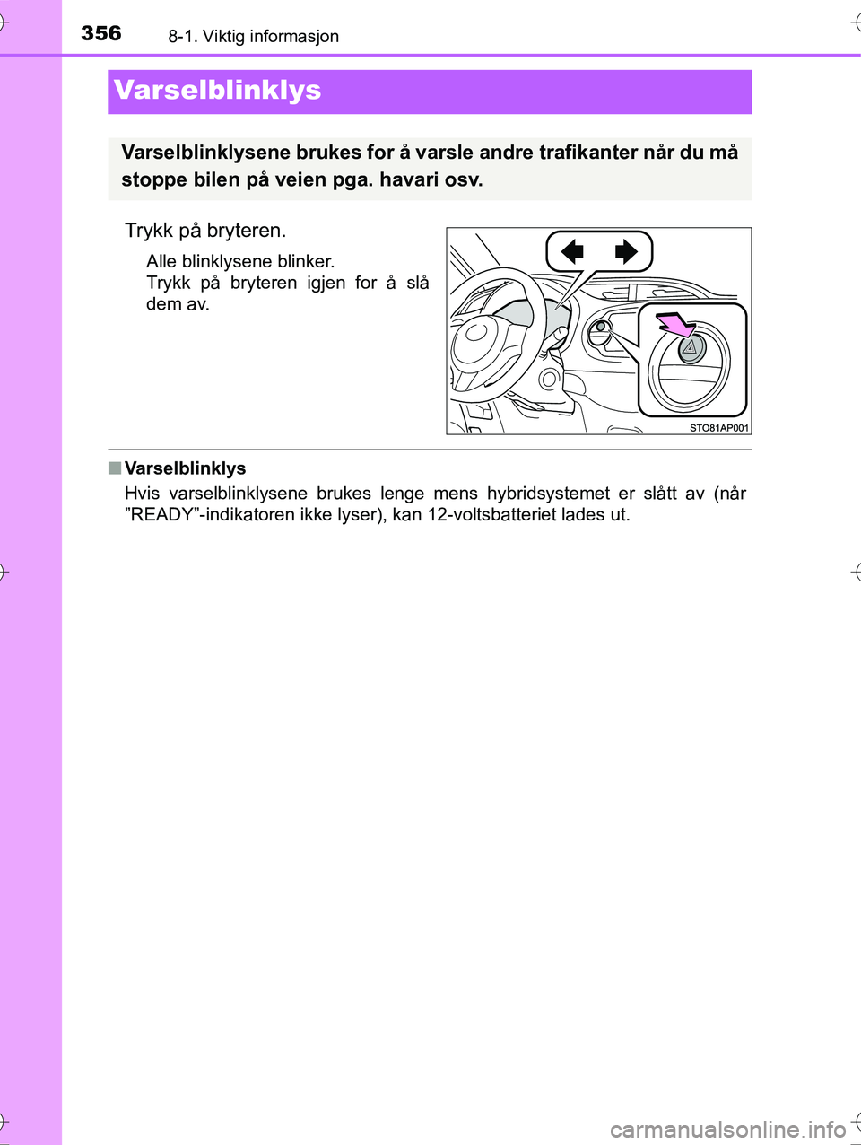 TOYOTA YARIS HYBRID 2016  Instruksjoner for bruk (in Norwegian) 3568-1. Viktig informasjon
OM52G10NO
Varselblinklys
Trykk på bryteren.
Alle blinklysene blinker.
Trykk på bryteren igjen for å slå
dem av.
nVarselblinklys
Hvis varselblinklysene brukes lenge mens 