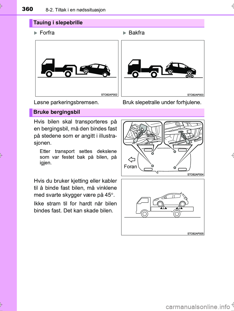 TOYOTA YARIS HYBRID 2016 Instruksjoner for bruk (in Norwegian) 3608-2. Tiltak i en nødssituasjon
OM52G10NO
Hvis bilen skal transporteres på
en bergingsbil, må den bindes fast
på stedene som er angitt i illustra-
sjonen.
Etter transport settes dekslene
som var TOYOTA YARIS HYBRID 2016 Instruksjoner for bruk (in Norwegian) 3608-2. Tiltak i en nødssituasjon
OM52G10NO
Hvis bilen skal transporteres på
en bergingsbil, må den bindes fast
på stedene som er angitt i illustra-
sjonen.
Etter transport settes dekslene
som var