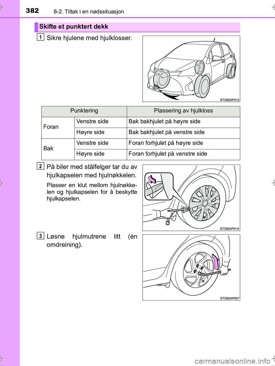 TOYOTA YARIS HYBRID 2016 Instruksjoner for bruk (in Norwegian) 3828-2. Tiltak i en nødssituasjon
OM52G10NO
Sikre hjulene med hjulklosser.
På biler med stålfelger tar du av
hjulkapselen med hjulnøkkelen.
Plasser en klut mellom hjulnøkke-
len og hjulkapselen f TOYOTA YARIS HYBRID 2016 Instruksjoner for bruk (in Norwegian) 3828-2. Tiltak i en nødssituasjon
OM52G10NO
Sikre hjulene med hjulklosser.
På biler med stålfelger tar du av
hjulkapselen med hjulnøkkelen.
Plasser en klut mellom hjulnøkke-
len og hjulkapselen f