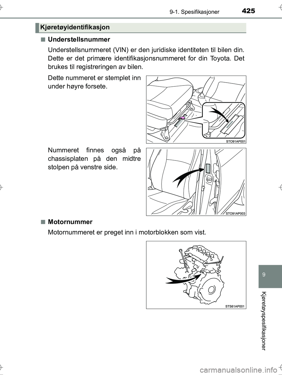 TOYOTA YARIS HYBRID 2016  Instruksjoner for bruk (in Norwegian) 4259-1. Spesifikasjoner
9
Kjøretøyspesifikasjoner
OM52G10NOn
Understellsnummer
Understellsnummeret (VIN) er den juridiske identiteten til bilen din.
Dette er det primære identifikasjonsnummeret for