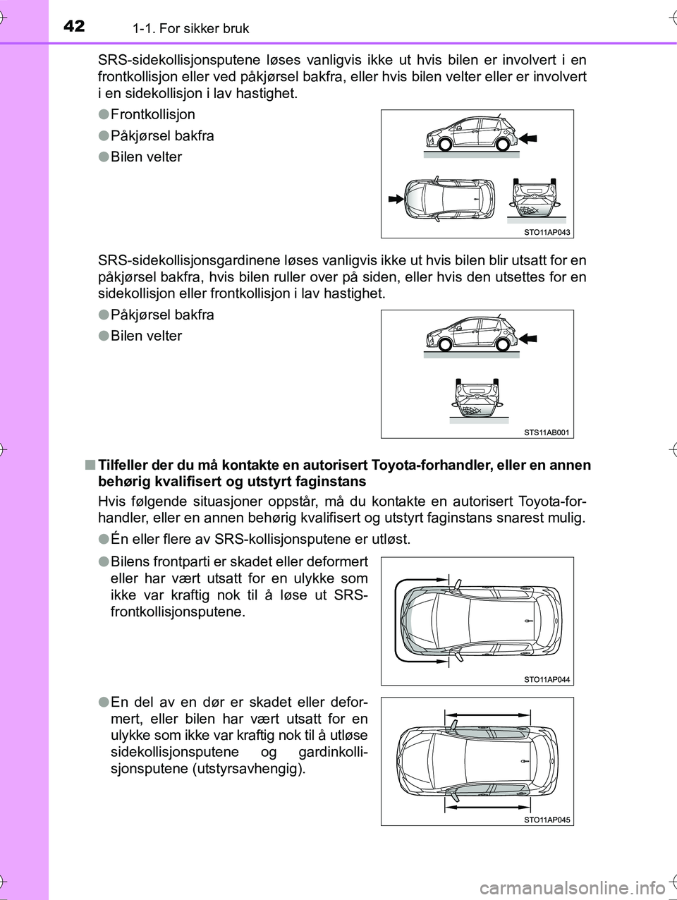 TOYOTA YARIS HYBRID 2016  Instruksjoner for bruk (in Norwegian) 421-1. For sikker bruk
OM52G10NOSRS-sidekollisjonsputene løses vanligvis i
kke ut hvis bilen er involvert i en
frontkollisjon eller ved påkjørsel bakfra, eller hvis bilen velter eller er involvert
