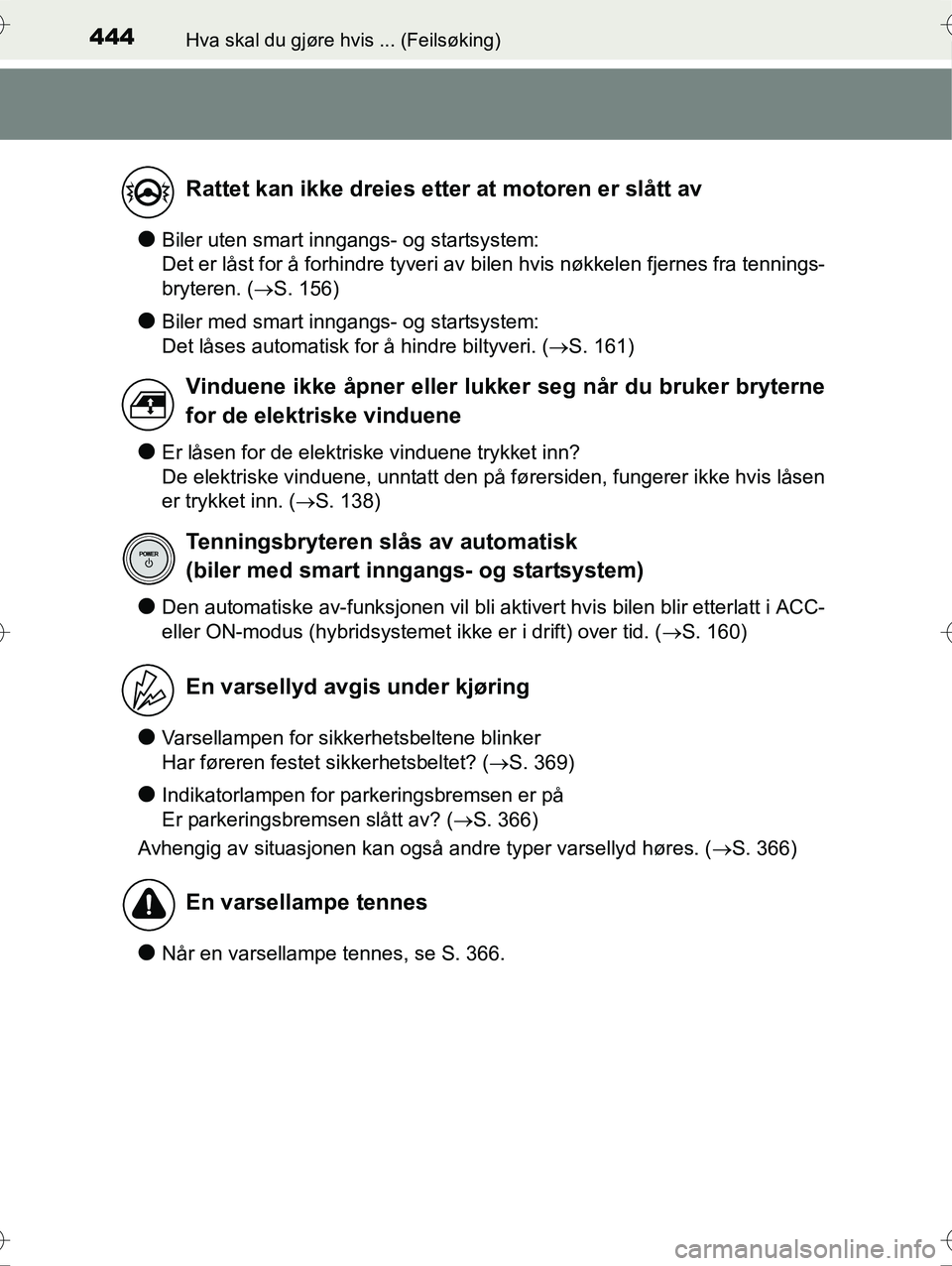 TOYOTA YARIS HYBRID 2016  Instruksjoner for bruk (in Norwegian) 444Hva skal du gjøre hvis ... (Feilsøking)
OM52G10NO
lBiler uten smart inngangs- og startsystem: 
Det er låst for å forhindre tyveri av bilen hvis nøkkelen fjernes fra tennings-
bryteren. (S. 