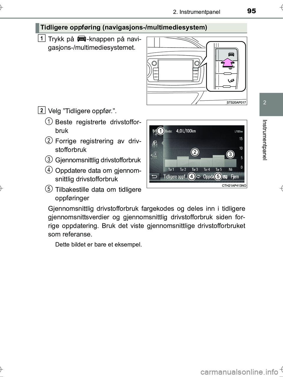 TOYOTA YARIS HYBRID 2016  Instruksjoner for bruk (in Norwegian) 952. Instrumentpanel
2
Instrumentpanel
OM52G10NO
Trykk på  -knappen på navi-
gasjons-/multimediesystemet.
Velg ”Tidligere oppfør.”.Beste registrerte drivstoffor-
bruk
Forrige registrering av dr