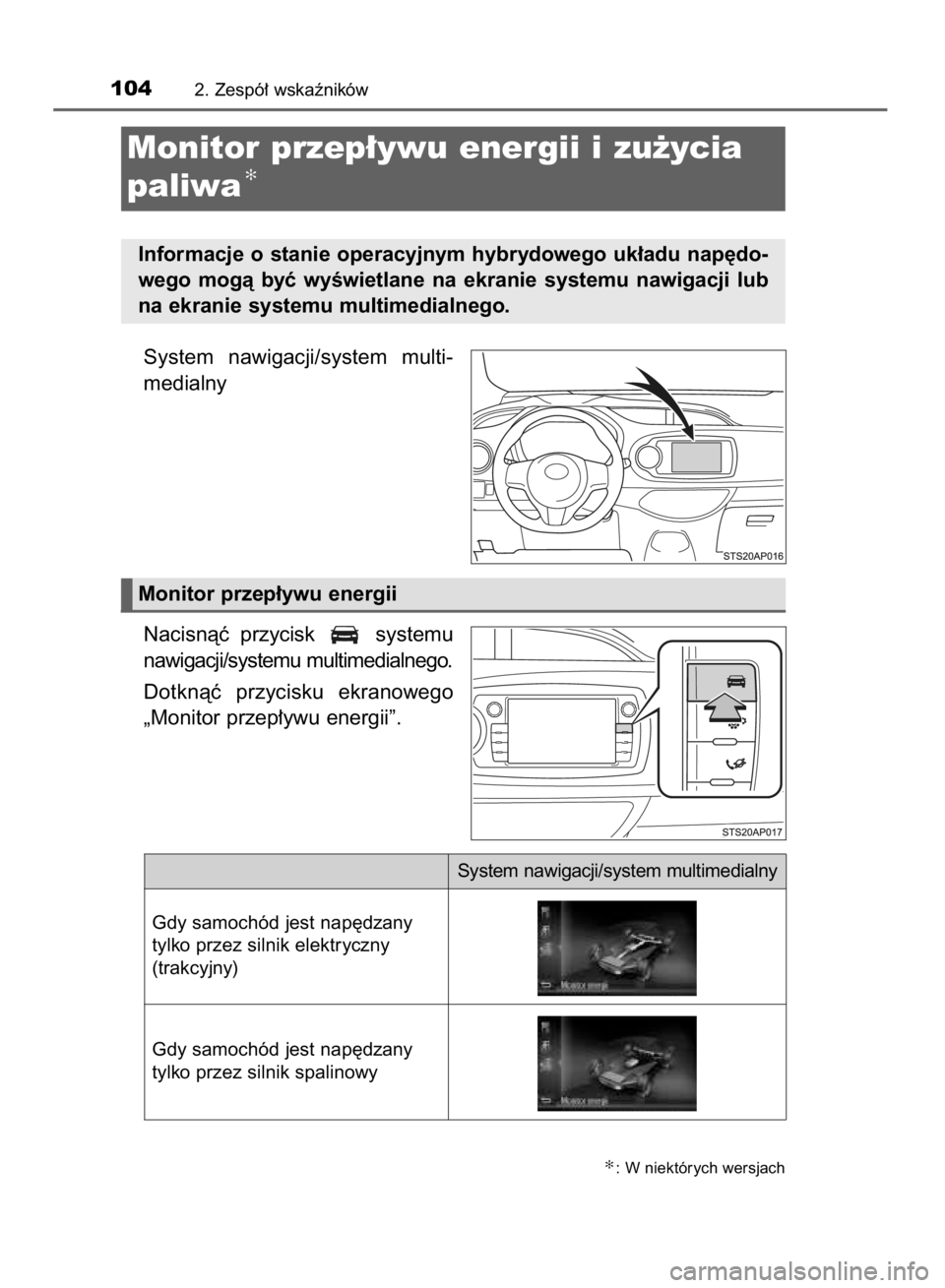 TOYOTA YARIS HYBRID 2016  Instrukcja obsługi (in Polish) System  nawigacji/system  multi-
medialny
Nacisnàç  przycisk  systemu
nawigacji/systemu multimedialnego.
Dotknàç  przycisku  ekranowego
„Monitor przep∏ywu energii”.
1042. Zespó∏ wskaênik