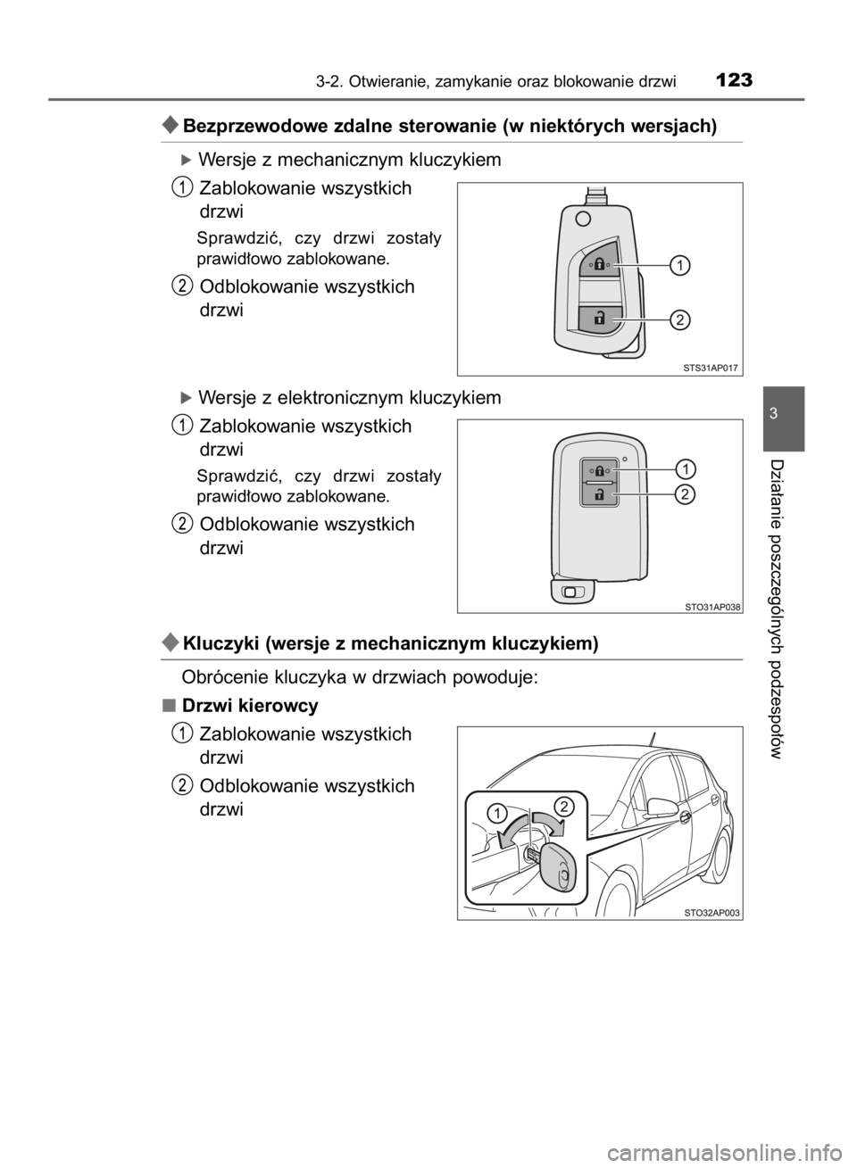 TOYOTA YARIS HYBRID 2016  Instrukcja obsługi (in Polish) Bezprzewodowe zdalne sterowanie (w niektórych wersjach)
óWersje z mechanicznym kluczykiem
Zablokowanie wszystkich
drzwi
Sprawdziç,  czy  drzwi  zosta∏y
prawid∏owo zablokowane.
Odblokowanie wsz