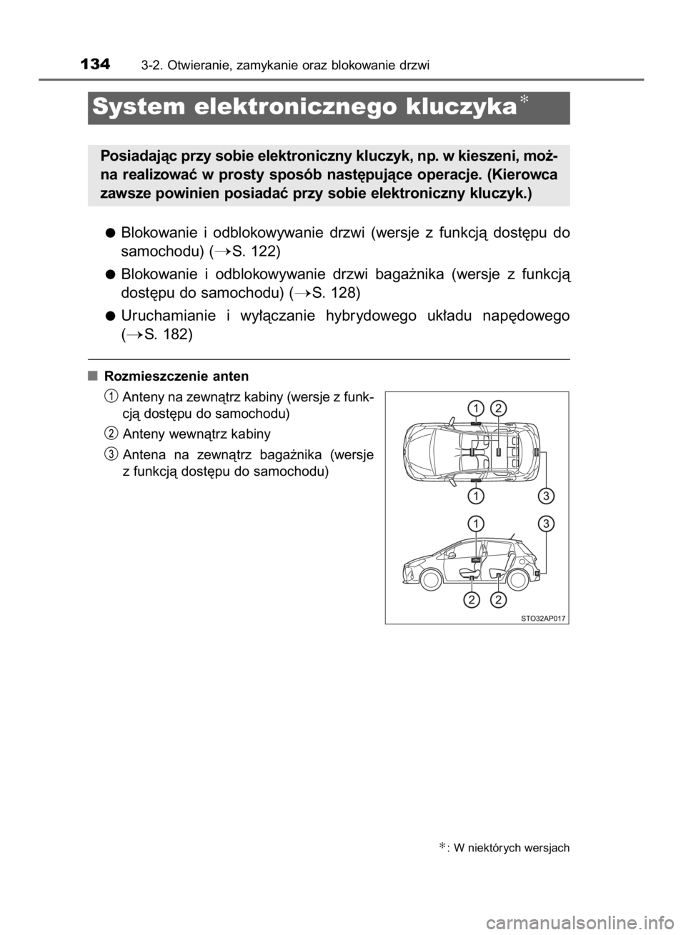 TOYOTA YARIS HYBRID 2016  Instrukcja obsługi (in Polish) Blokowanie  i odblokowywanie  drzwi  (wersje  z funkcjà  dost´pu  do
samochodu) (
S. 122)
Blokowanie  i odblokowywanie  drzwi  baga˝nika  (wersje  z funkcjà
dost´pu do samochodu) (
S. 128)
Uruc