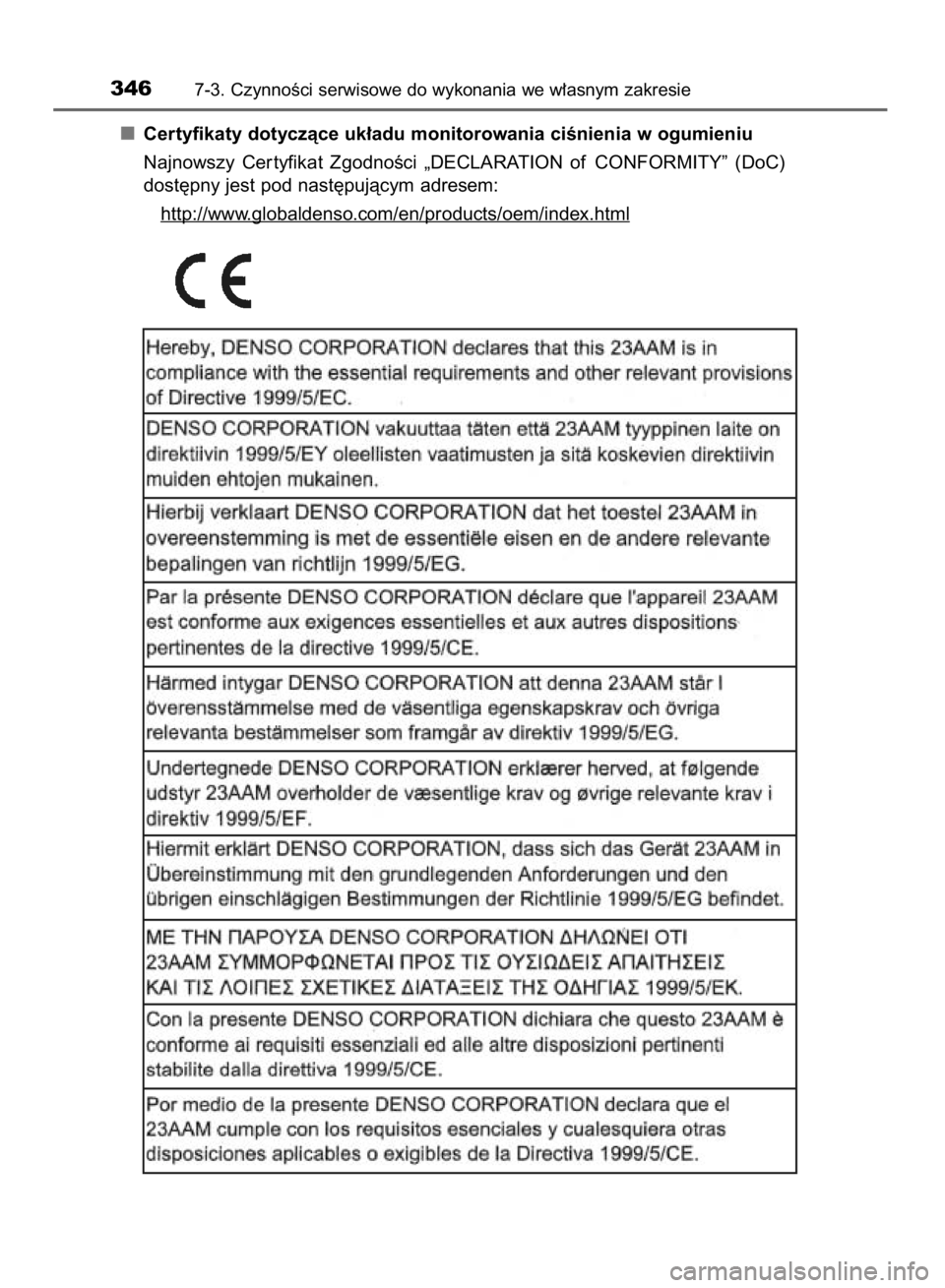 TOYOTA YARIS HYBRID 2016 Instrukcja obsługi (in Polish) Certyfikaty dotyczàce uk∏adu monitorowania ciÊnienia w ogumieniu
Najnowszy Cer tyfikat ZgodnoÊci „DECLARATION of CONFORMITY” (DoC)
dost´pny jest pod nast´pujàcym adresem:
http://www
. TOYOTA YARIS HYBRID 2016 Instrukcja obsługi (in Polish) Certyfikaty dotyczàce uk∏adu monitorowania ciÊnienia w ogumieniu
Najnowszy Cer tyfikat ZgodnoÊci „DECLARATION of CONFORMITY” (DoC)
dost´pny jest pod nast´pujàcym adresem:
http://www
.