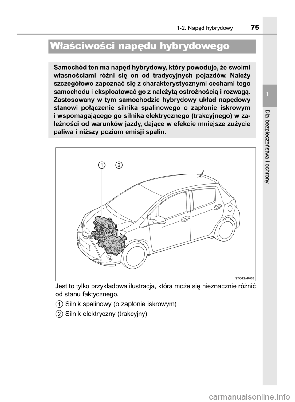 TOYOTA YARIS HYBRID 2016  Instrukcja obsługi (in Polish) Jest to tylko przyk∏adowa ilustracja, która mo˝e si´ nieznacznie ró˝niç
od stanu faktycznego.
Silnik spalinowy (o zap∏onie iskrowym)
Silnik elektryczny (trakcyjny)
1-2. Nap´d hybrydowy75
1
