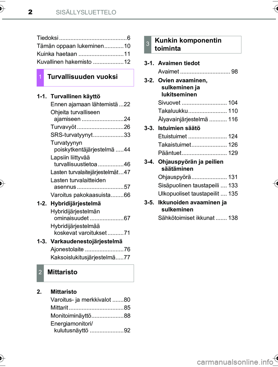 TOYOTA YARIS HYBRID 2016  Omistajan Käsikirja (in Finnish) SISÄLLYSLUETTELO2
OM52G10FITiedoksi ..........................................6
Tämän oppaan lukeminen ............10
Kuinka haetaan ............................11
Kuvallinen hakemisto ............